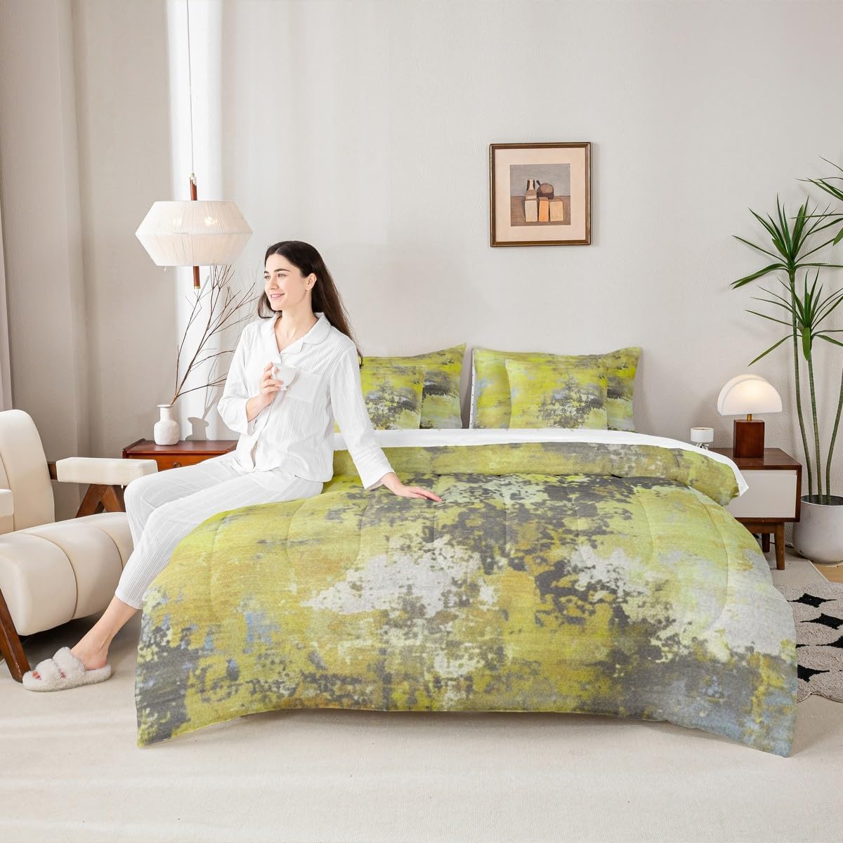 Erosebridal Watercolor Yellow and Grey Comforter Set 7 Pcs,Modern Abstract Art Bedding Set,Tie Dye Bed in A Bag for Kids Boys Girls,Contemporary Artwork Reversible Sheet Set (Yellow Grey,Twin Size)