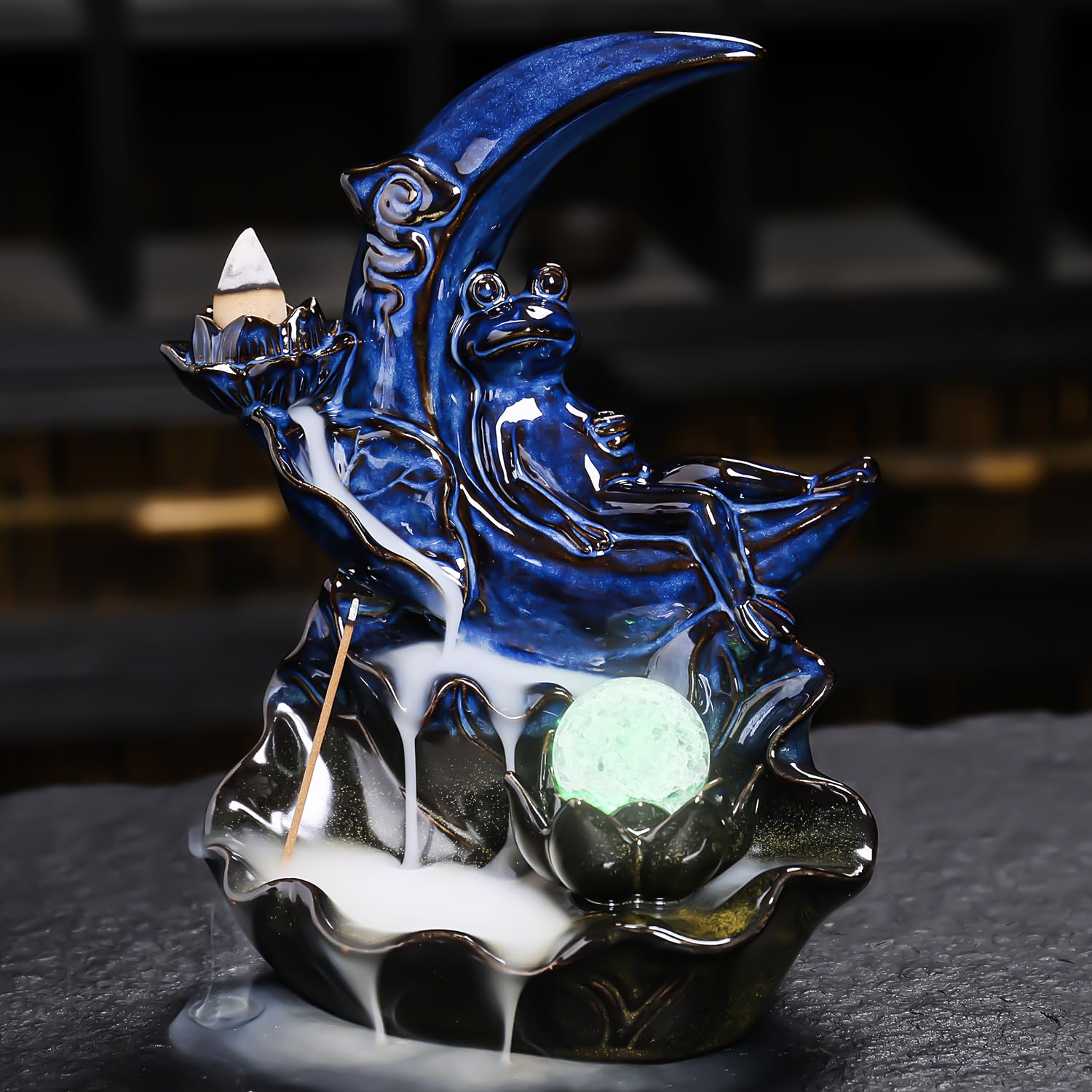 ChangWanna Moon Incense Holder Burner - Frog Ceramic Cone Backflow Incense Burner Smoke Fountain, Back Flowing Incense Diffuser with 45 Sticks & 10 Cones, Frog Ornament for Aromatherapy/Yoga Decor