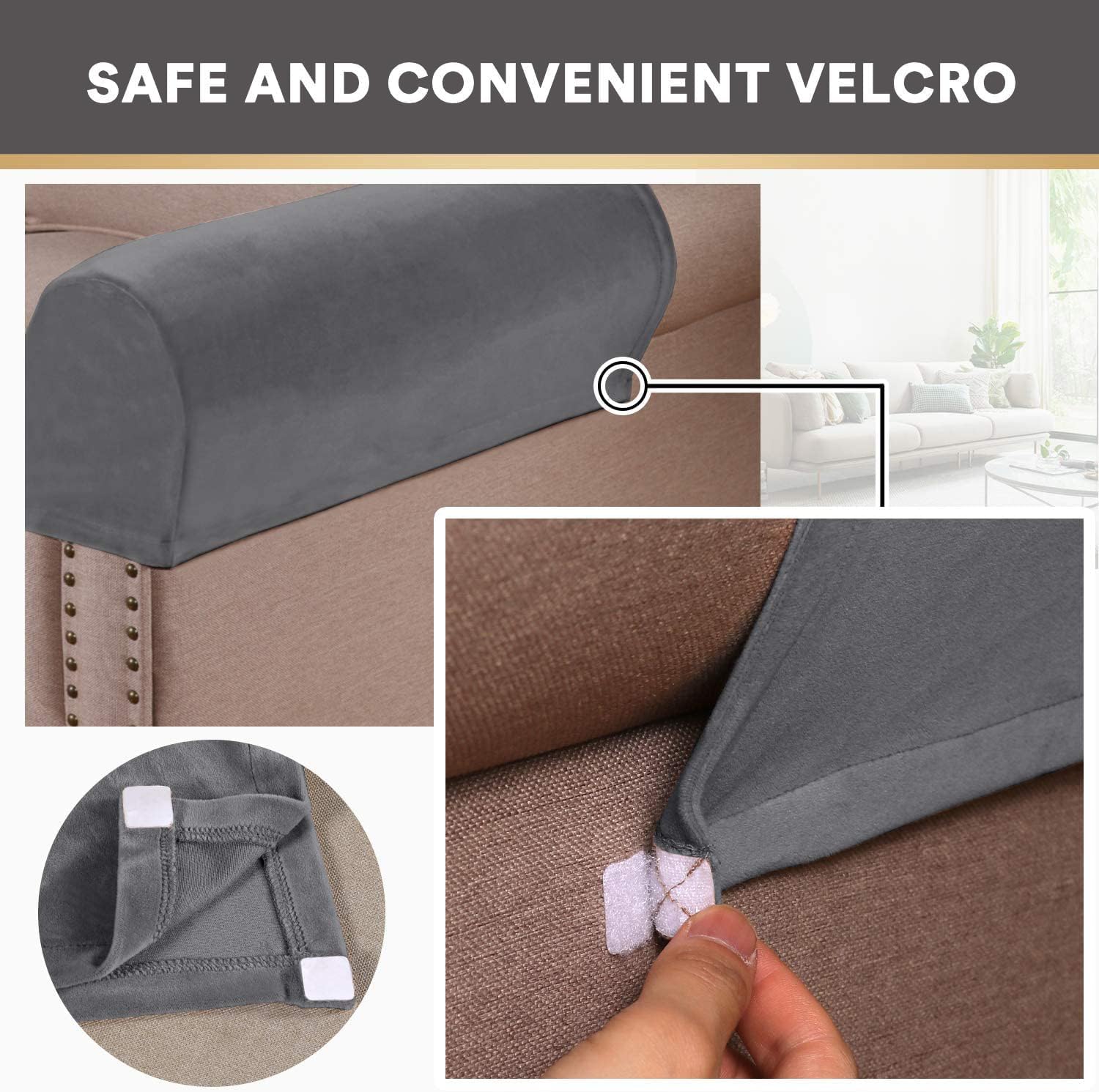 ADPON Stretch Velvet Sofa Armrest Covers Arm Covers for Chairs and Sofas Anti-Slip Couch Armrest Covers with Sticker Furniture Armrest Protector for Sofa Couch Chair Recliner (Grey,Set of 4)