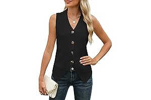 Womens Black Vest Top with V-Neck and Button-Down