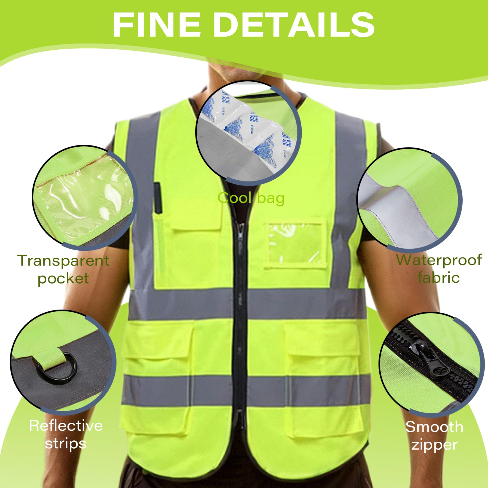 Chaleco de enfriamiento reflectante con 4 bolsas de hielo, chaleco de seguridad de alta visibilidad para hombres y mujeres, trabajo de enfriamiento de hielo con bolsillos para trabajos de constr