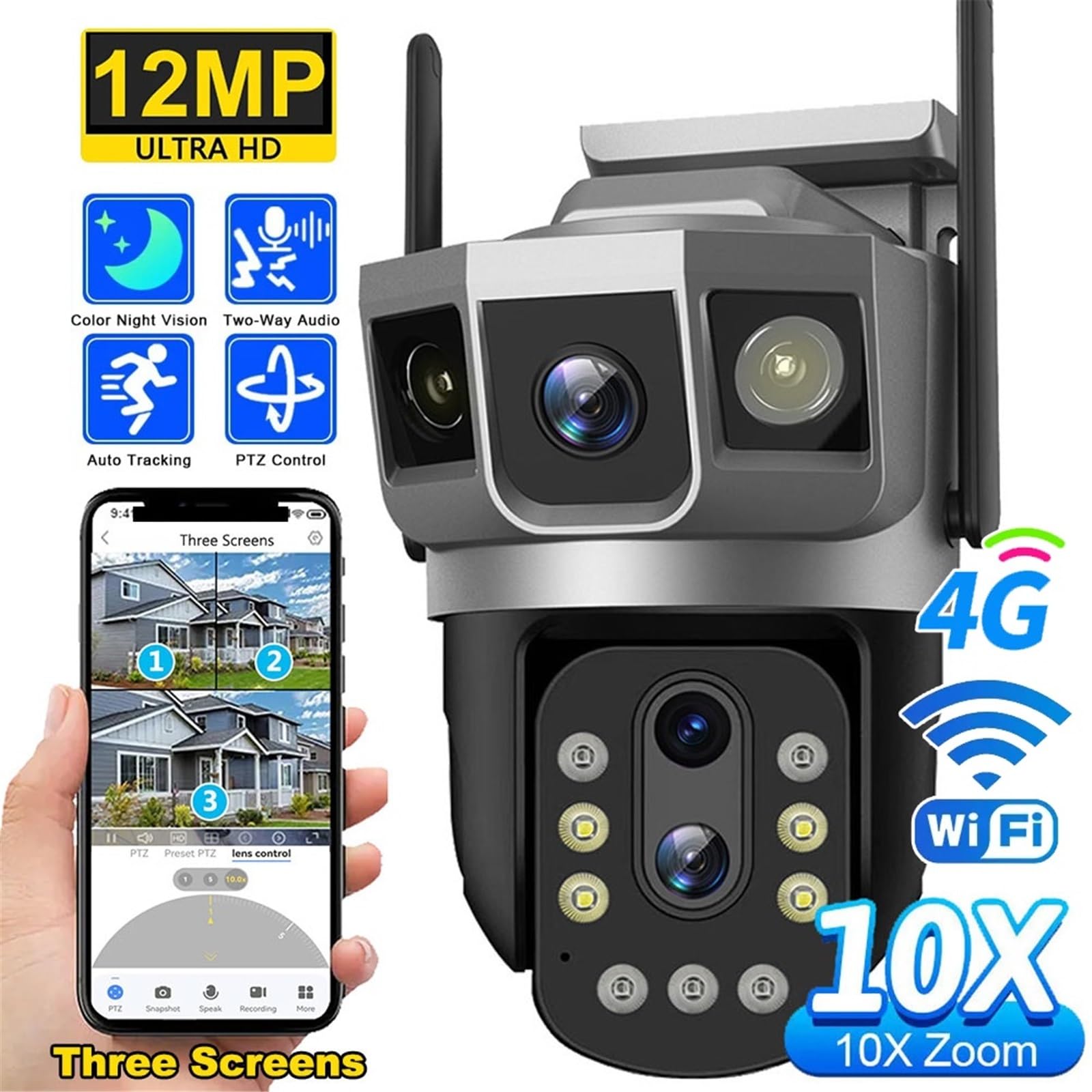 Telecamera di sicurezza, Telecamera IP 4G/WiFi a tre schermi da 2 MP, zoom ottico 10x, PTZ, monitoraggio automatico, visione notturna a colori, protezione di sicurezza wireless, monitor(128GB Card)