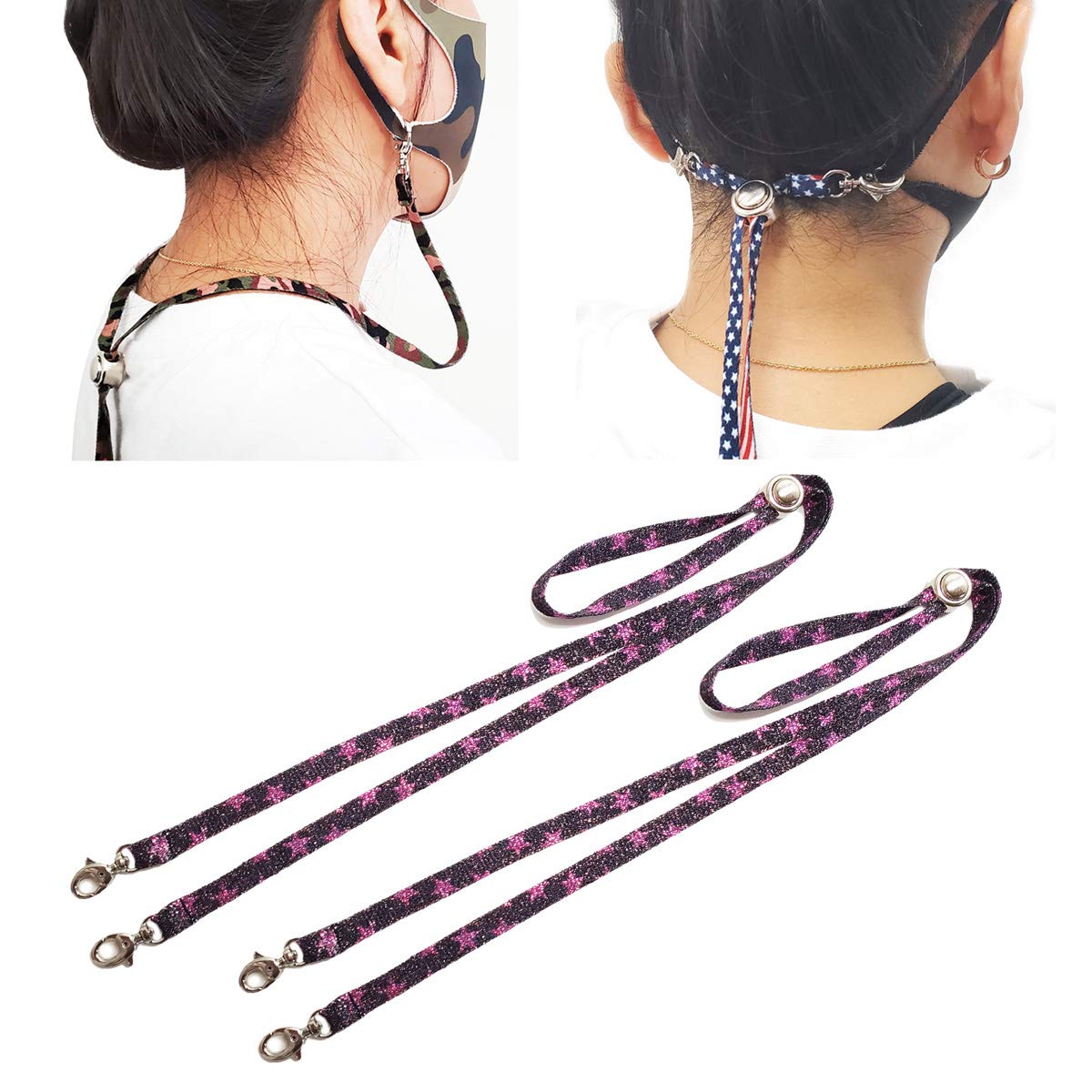 eFancy Designed Button Adjustable Fashion Lanyard Face Mask Holders Shoulder Strap for Adults Kids (Glitter Star BLK-PNK) 2 Pack