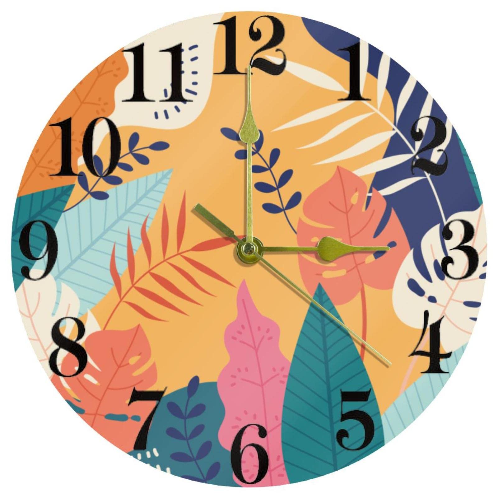 Horloge murale pour maison et cuisine style jungle colorée ronde de 25,4 cm à pile