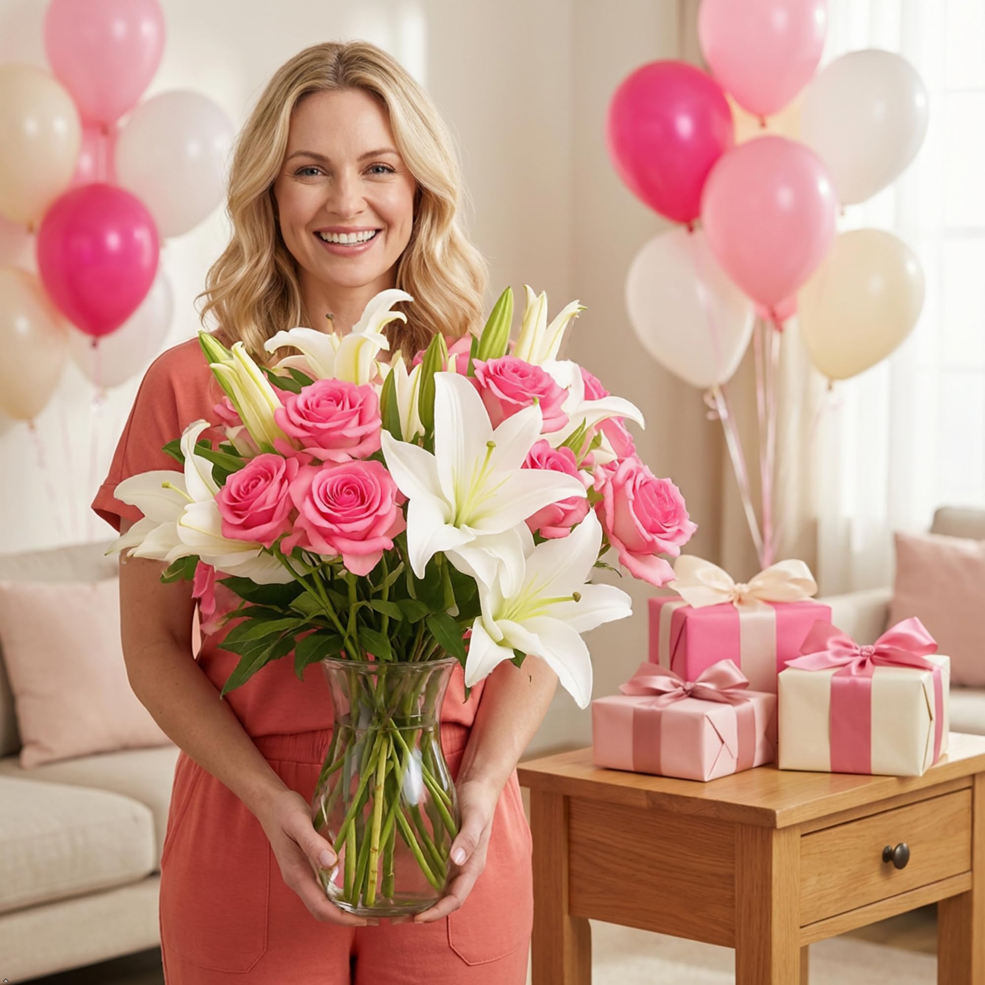 Benchmark Bouquets Roses rose clair et lys orientaux blancs, avec vase (fleurs fraîchement coupées)