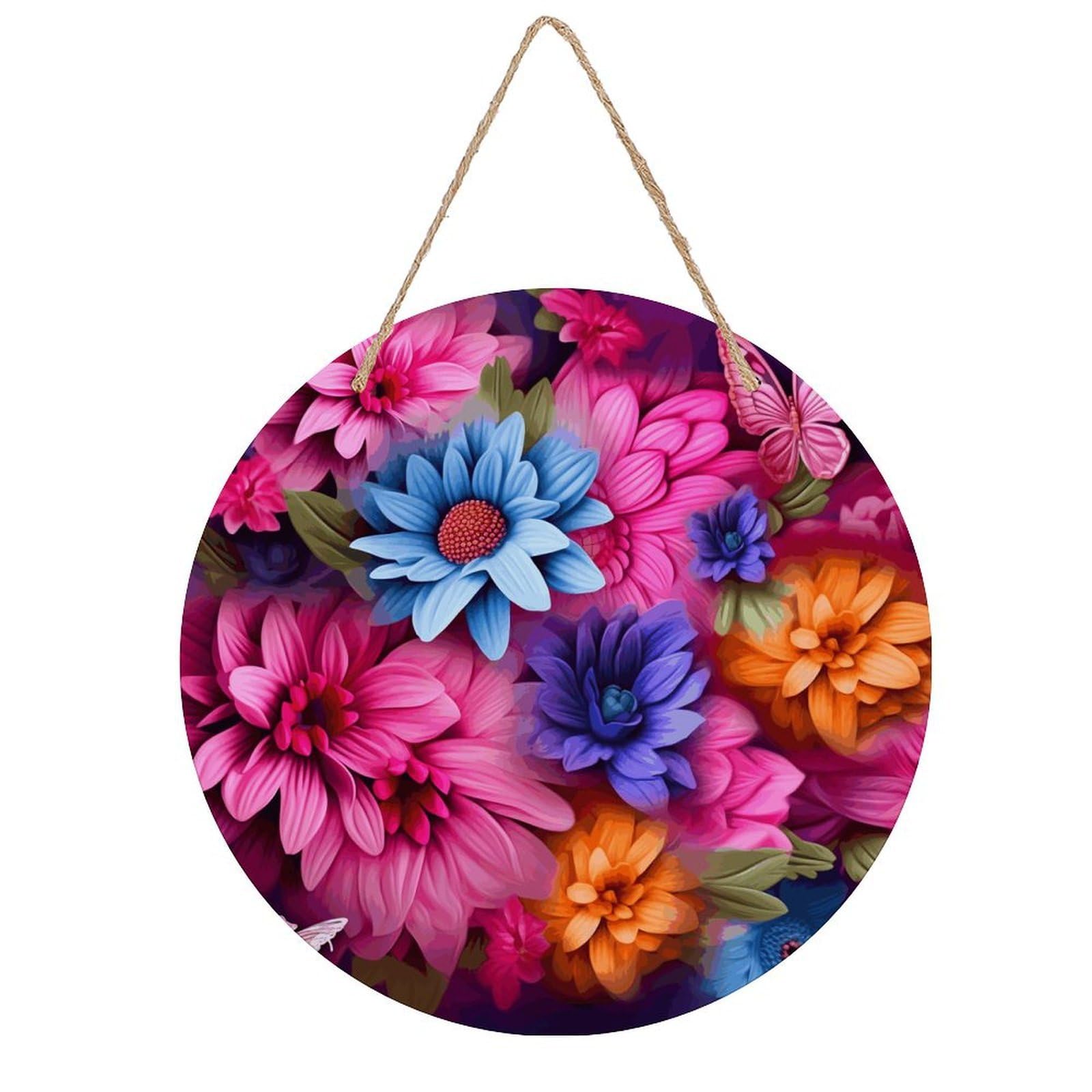 VstaDank Colored Flowers Wooden Wall Art Decor Round Wood Plaque Wooden Door Hanger Sign with Hole And Hanger Rope Trend Wood Decorative Paintings for Home Outdoor Indoor 7.87 Inch