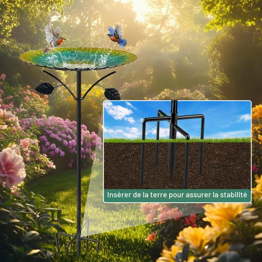 Abreuvoir Oiseaux Extérieur, 83cm Métal Bain d'oiseaux avec Base Stable 5 Broches, Mangeoire Oiseaux Exterieur sur Pied pour Oiseaux Sauvages, Jardin, Terrasse et Balcon（Vert）
