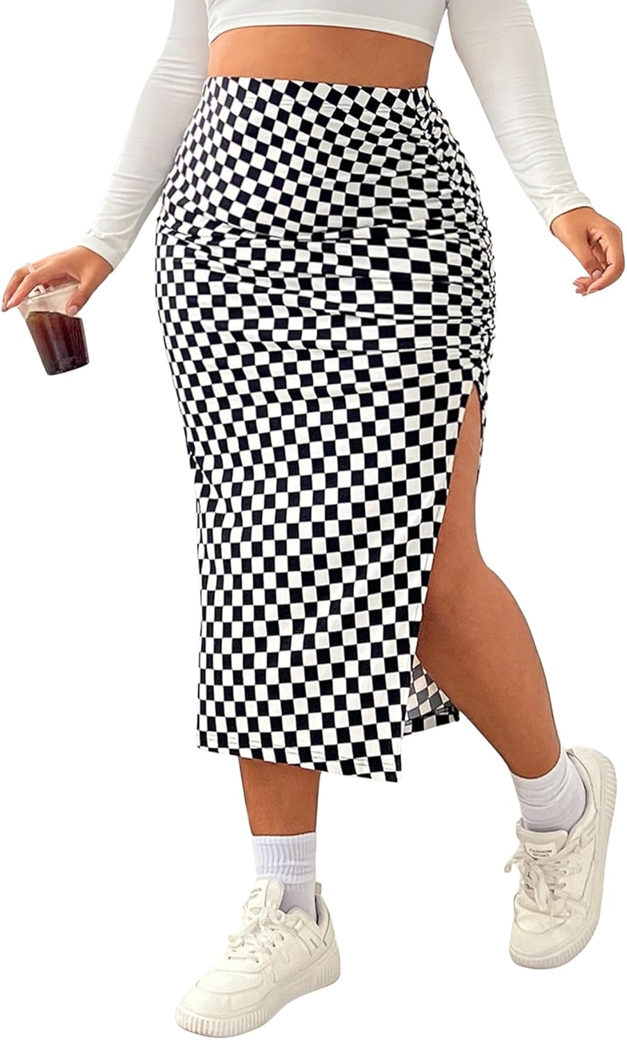 Verdusa Women's Plus Size Plaid Ruched Bodycon Skirts Split Midi Pencil Skirt