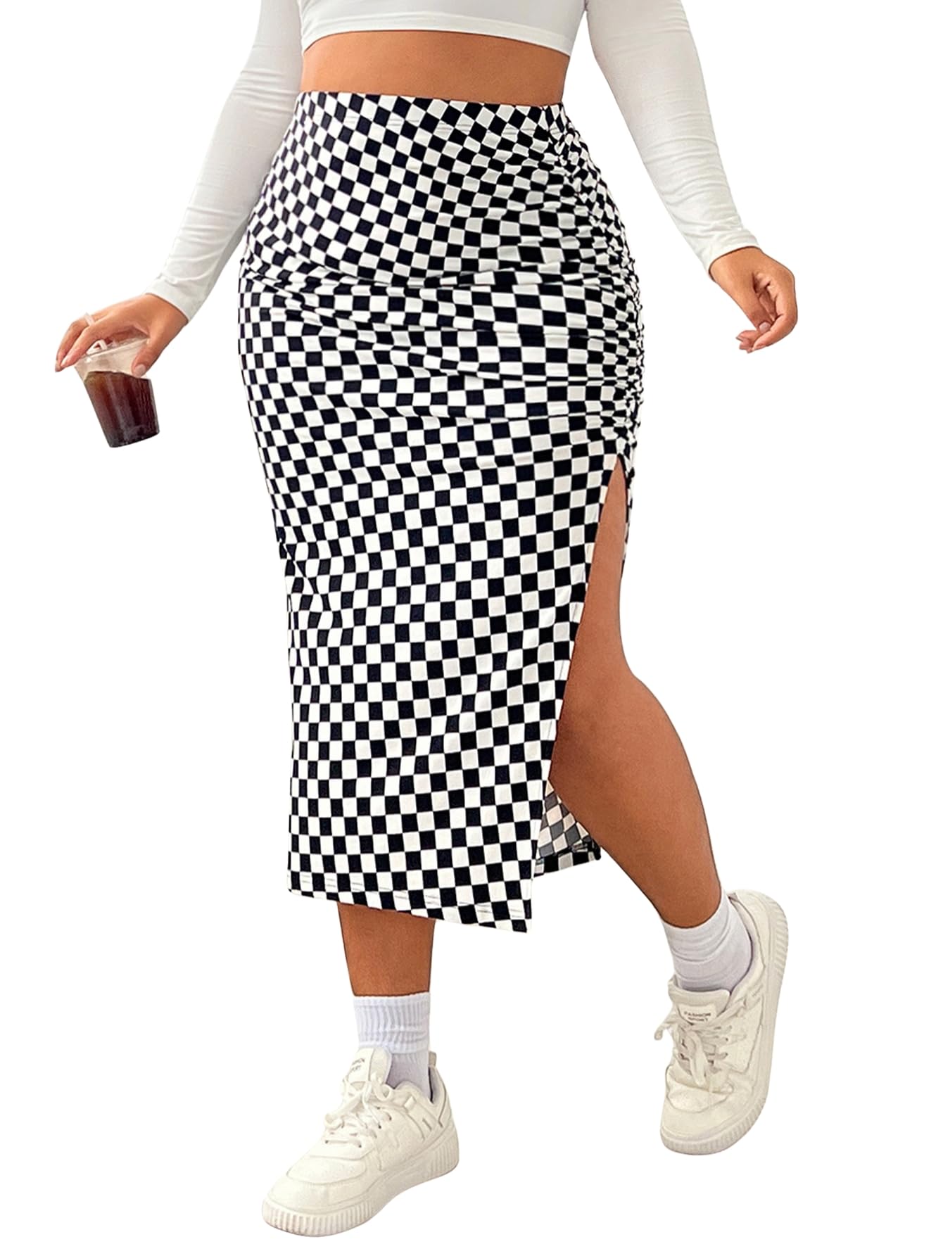 Verdusa Womens Plus Size Plaid Ruched Bodycon Skirts Split Midi Pencil Skirt