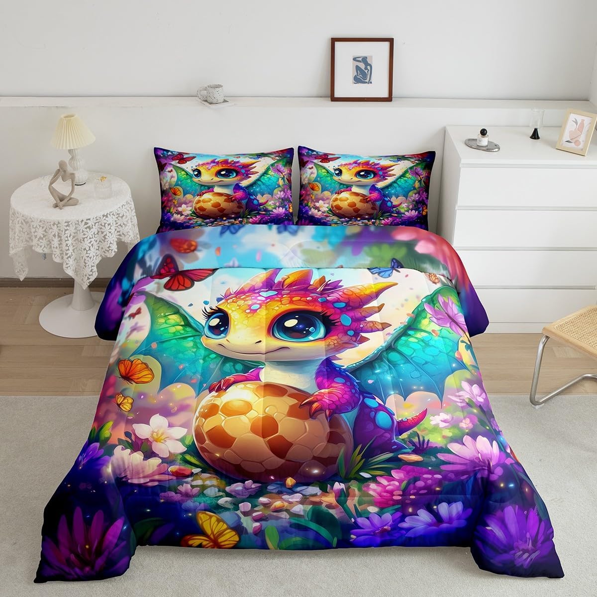 Cartoon Dragon Twin Size Comforter Set,Baby Dragon Eggs Quilt Set Soft Bed Collection,Watercolor Flowers Butterfly Bedding Comforter for Boys Girls Room Decor,2 Pcs