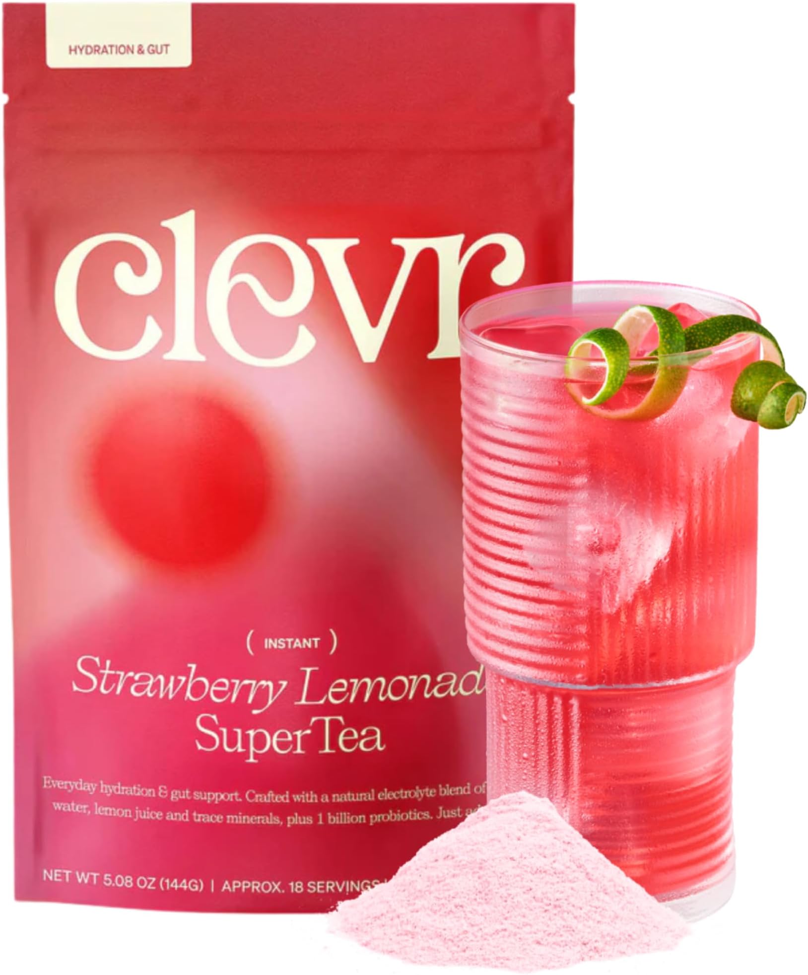 Strawberry Lemonade SuperTea, 18 Servings, Hydration Tea Blend with Coconut Water, Lemon Juice, 1B Probiotics for Gut Health, Sea Salt, Trace Minerals, Electrolyte Caffeine Free Tea, 5.08 oz