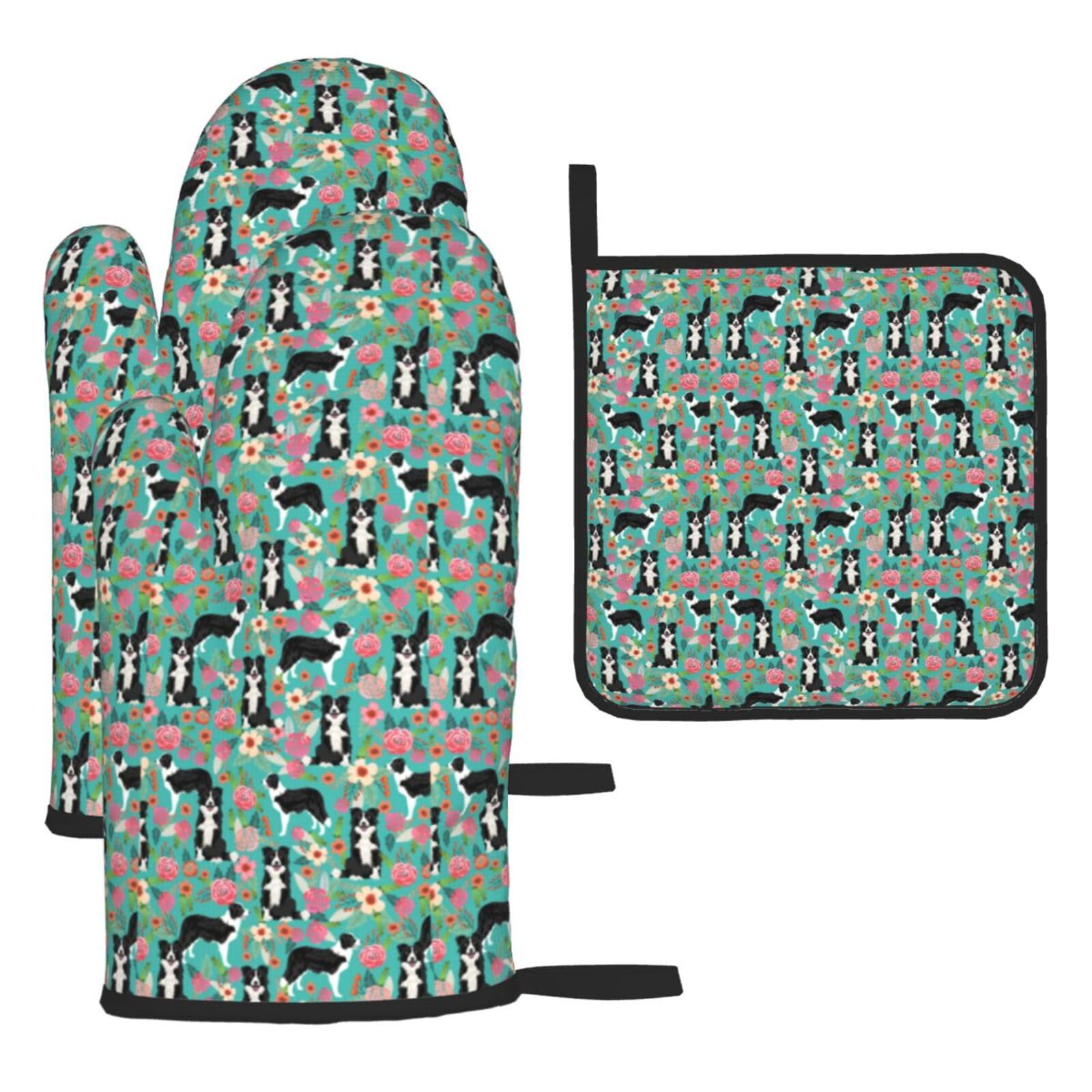 Border Collie Florals Print Oven Set Kitchen Gloves Baking Grilling Microwaving Cooking Gift Everyday Holiday