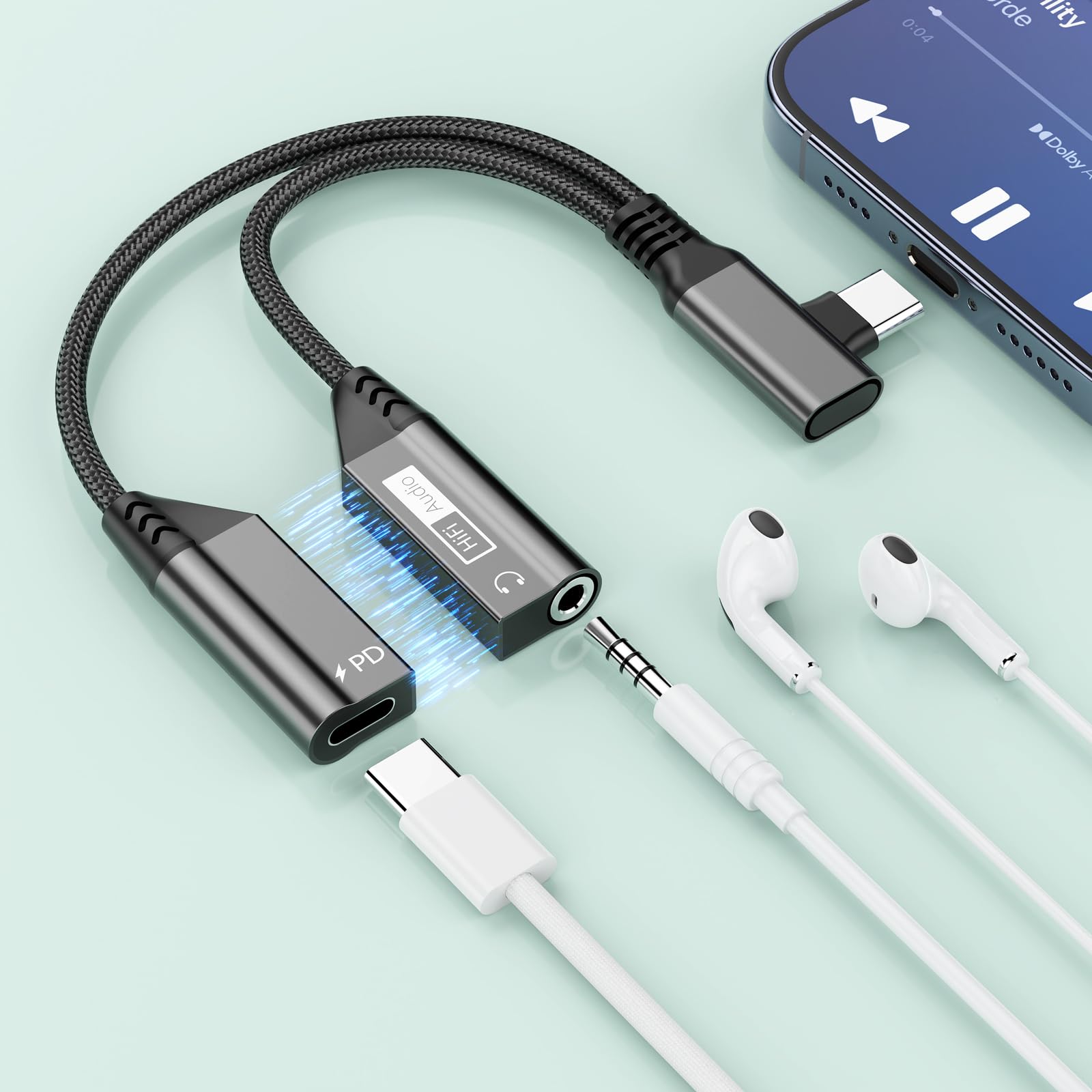 Magnetic 2-in-1 Right Angle USB C to 3.5mm Audio Jack Headphone and Charge Cable Adapter for Type C Devices,PD 60W Fast Charge Earphone Converter