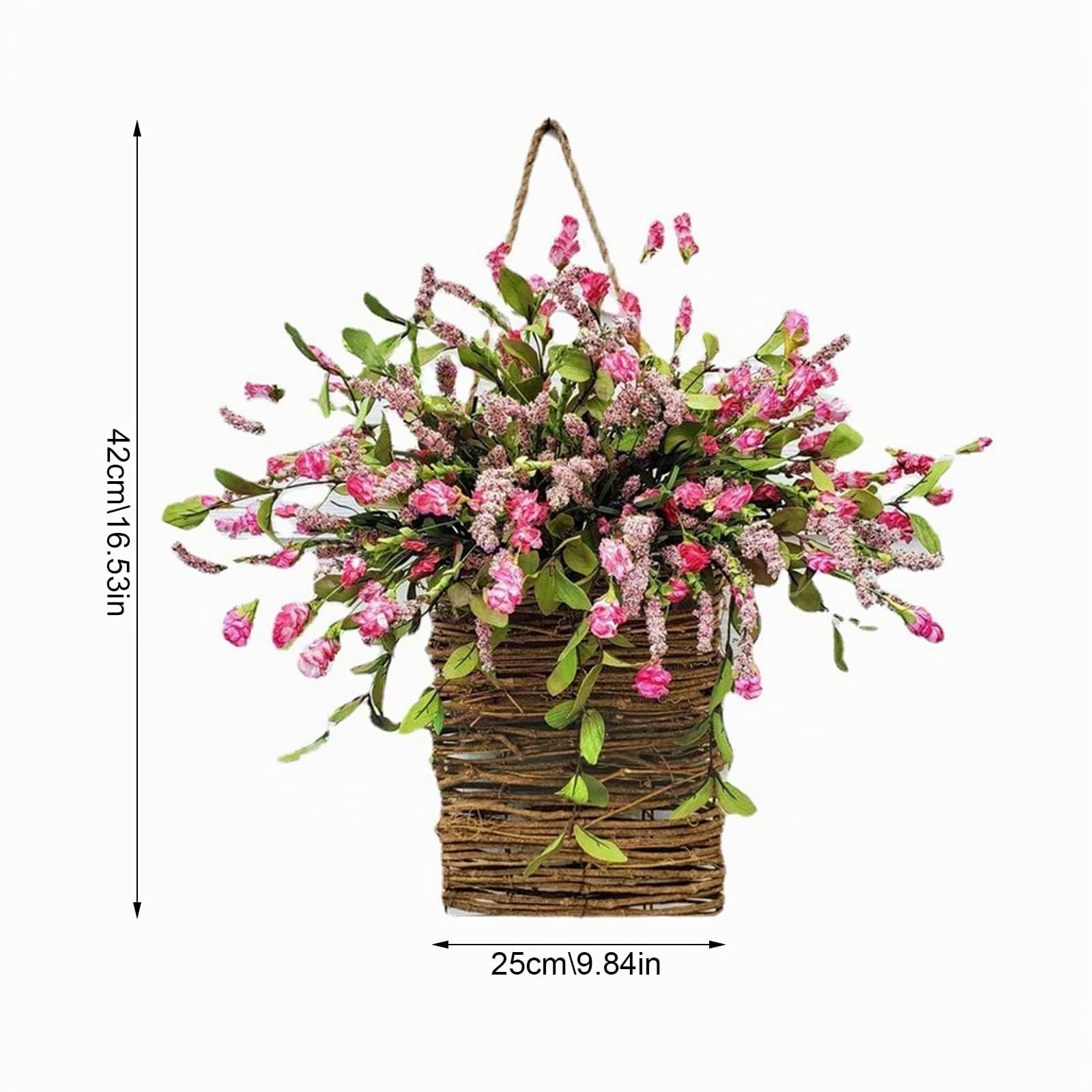 Türkranz für die Haustür, Hängender Korb, Lavendel, Hortensien, Wildblumen, Türhänger, Korbkranz, Künstlicher Frühlings- und Sommerkranz für Heimdekoration(Lavendel)