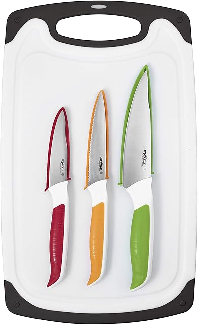 Zyliss E920249 Comfort 4 Piece Knife & Chopping Board Set | Multiple Sizes | Japanese Stainless Steel | Multicolour | Knife/Cutting Board Set Including 3 x Knives | Dishwasher Safe | 5 Year Guarantee