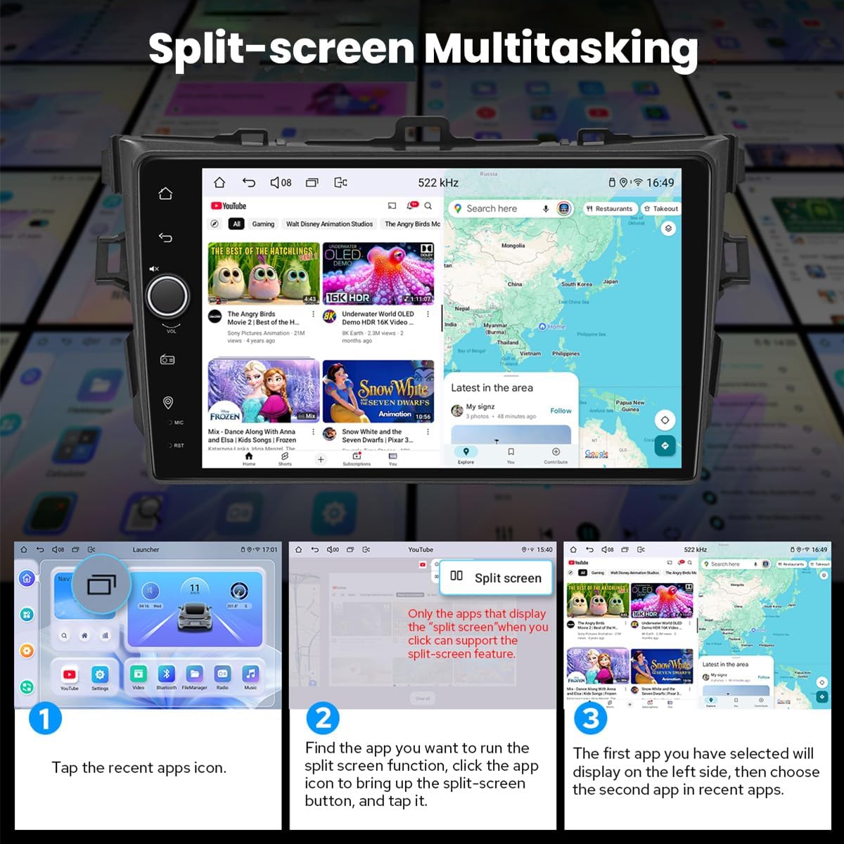 Screenshot of the car stereo demonstrating split-screen multitasking