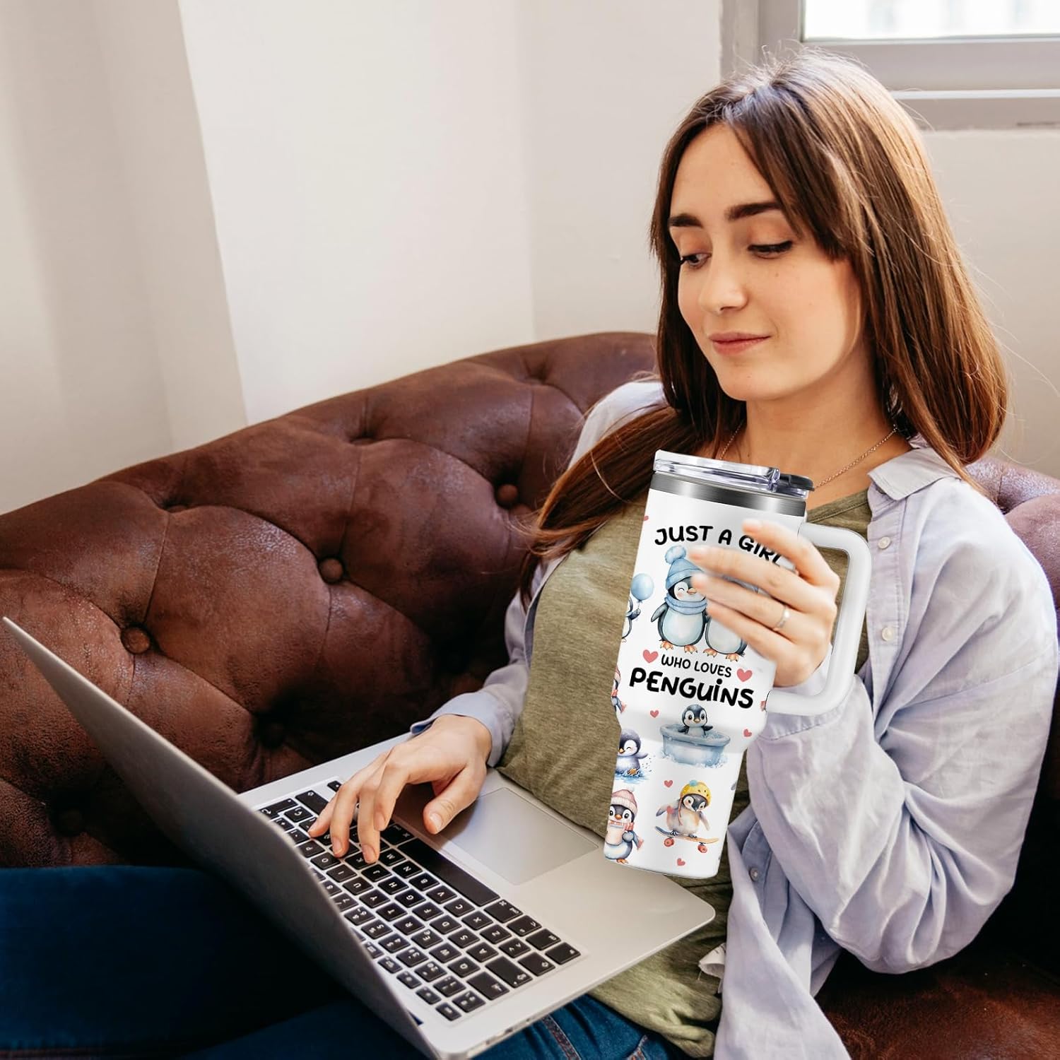 Penguin Gifts for Girls/Women, 40oz Penguin Tumbler with Lid and Straw, Birthday Gifts for Penguins Lovers Stuff, Just a Girl Who Loves Penguins Themed Gifts Cup - Image 6