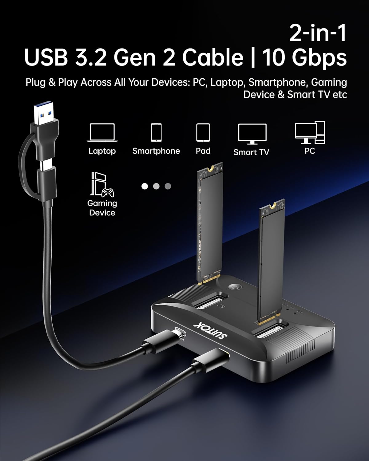 Dual-Bay NVMe M.2 SSD Reader 10Gbps USB C 3.2 Gen 2 Adapter Docking Station for 22110 2280 Gen4 PCIe Hard Drive 16TB External Enclosure Tool-Free Hot-Swap Black for PC PS5 Laptop - STK07 Lite