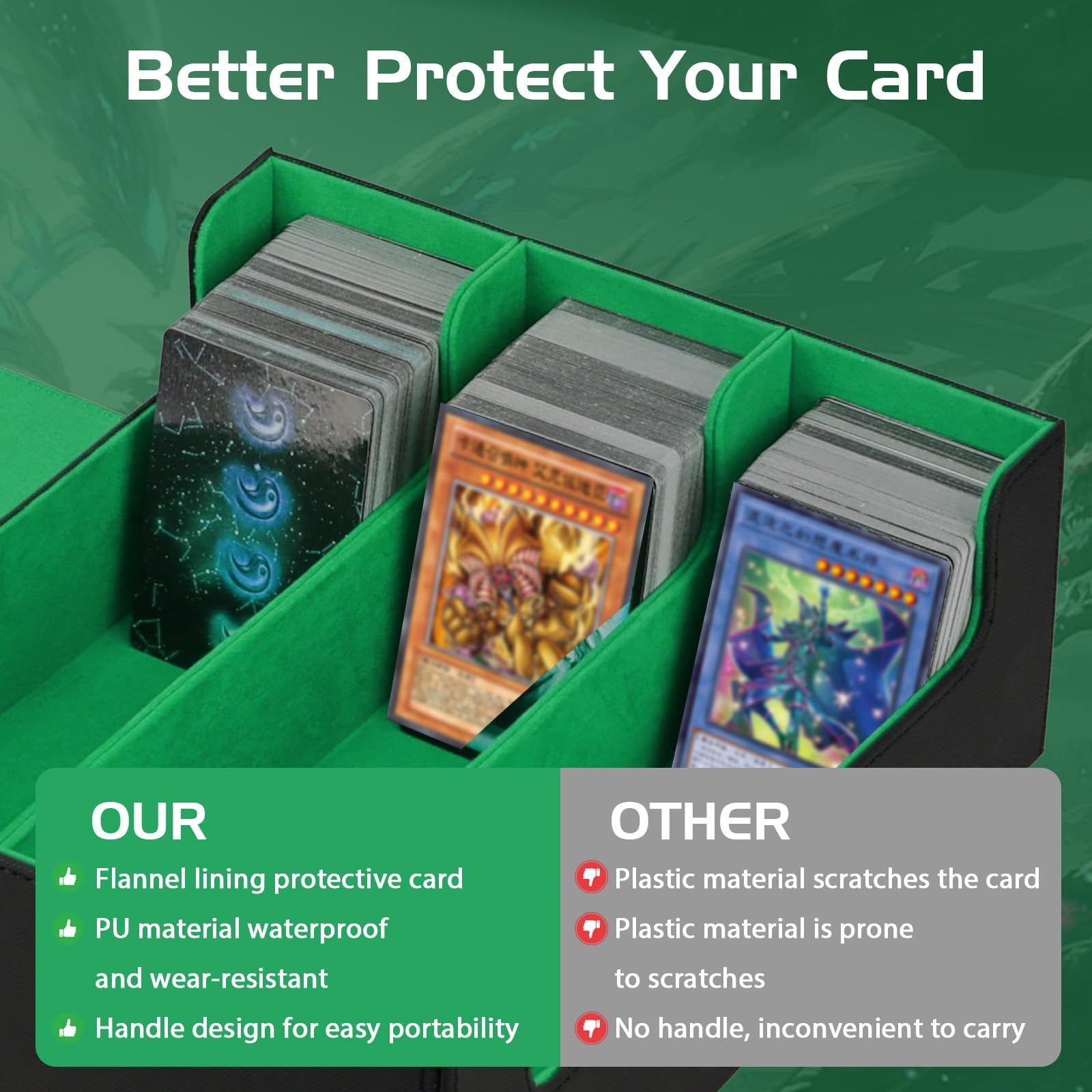 Deck Box per Carte MTG, Deck Box con 10 Divisori Colorati | 3 Righe Deckbox, per le Carte di Magic Commander YGO TCG MTG Nero Verde Decks Boxs