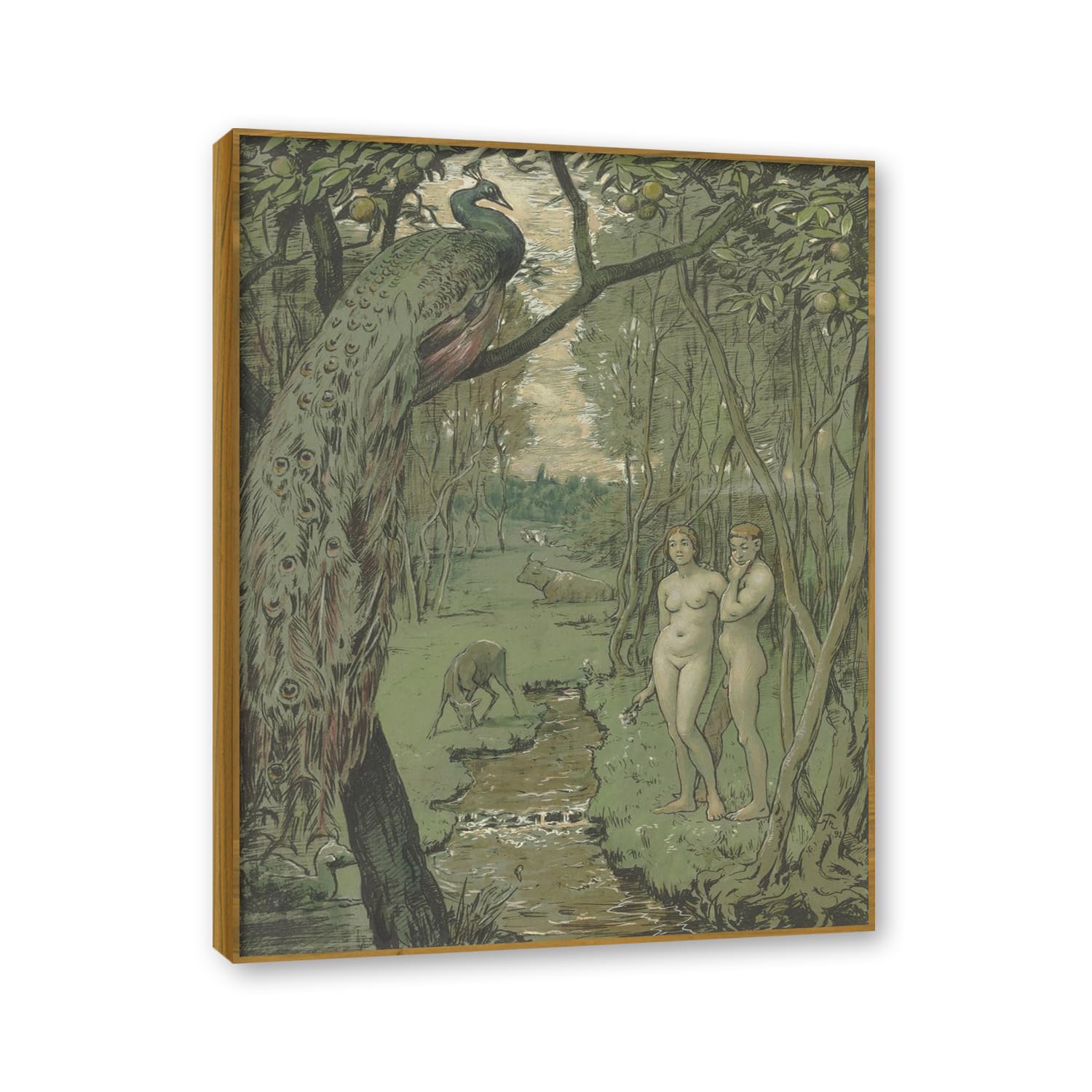 NHLDZYH Teak Frame. Hans Thoma Style Canvas Wall Art - (Paradise With Peacock), German Romantic Realism Painting with Symbolic Nature, Rustic Country Home Decor. 80x105cm-31.5x41.3in