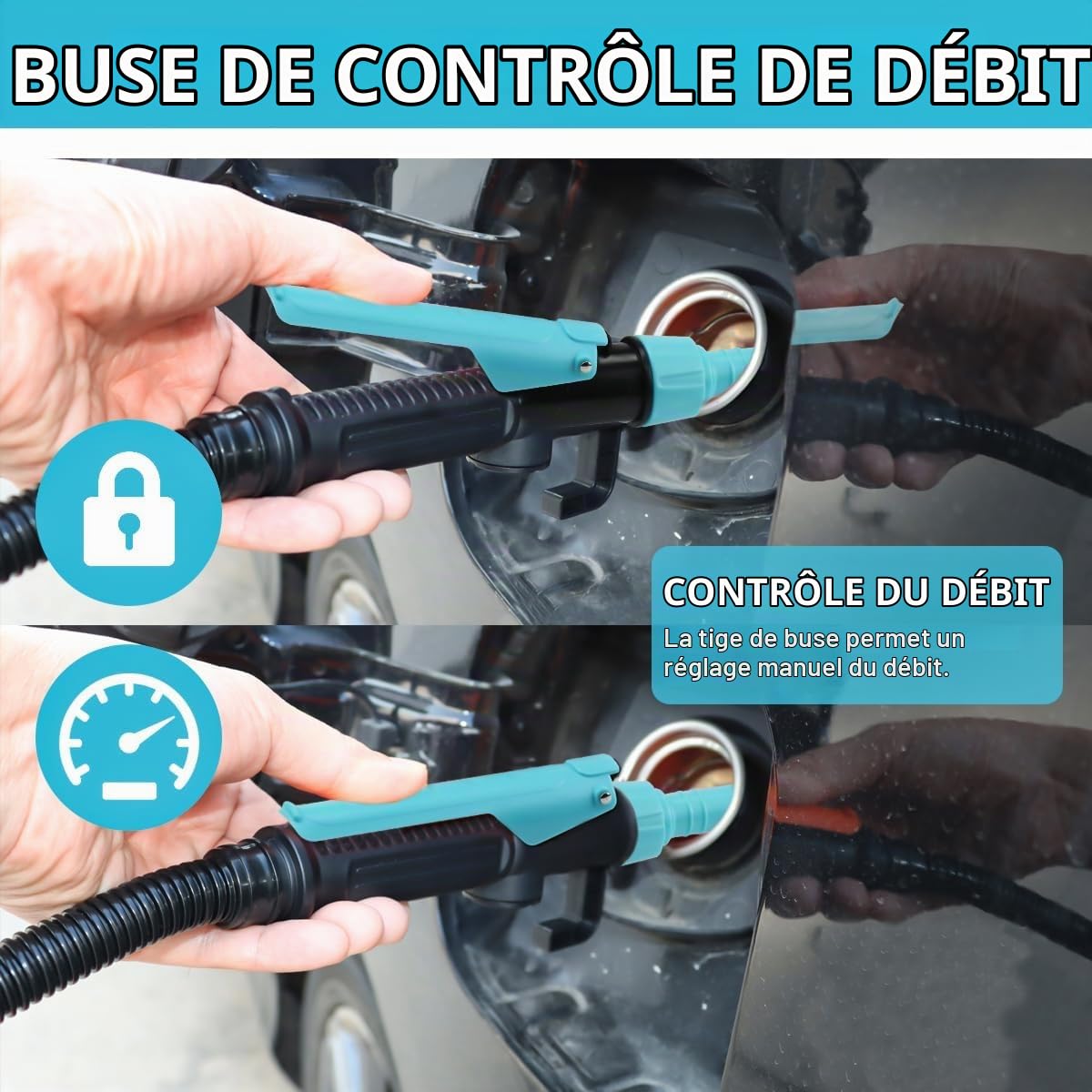 Pompe à Essence électrique à Piles, siphon, transfert de liquide, aspiration automatique, buse de régulation du débit 2,4 gallons/min, pour Essence, Diesel (Bleu)
