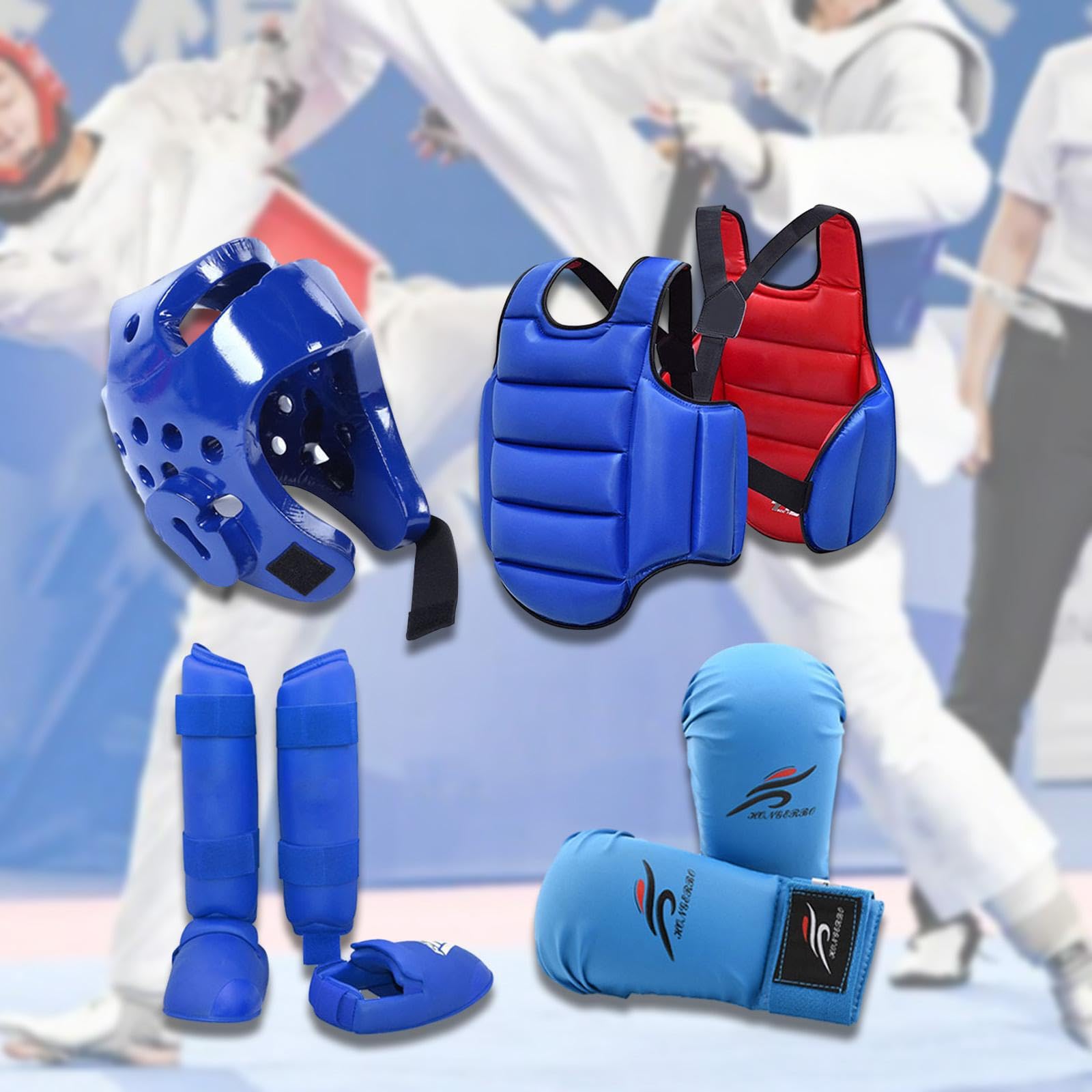 Karate Sparring Set Casco Boxeo Guantes Espinilleras Protector Corporal Entrenamiento Competición