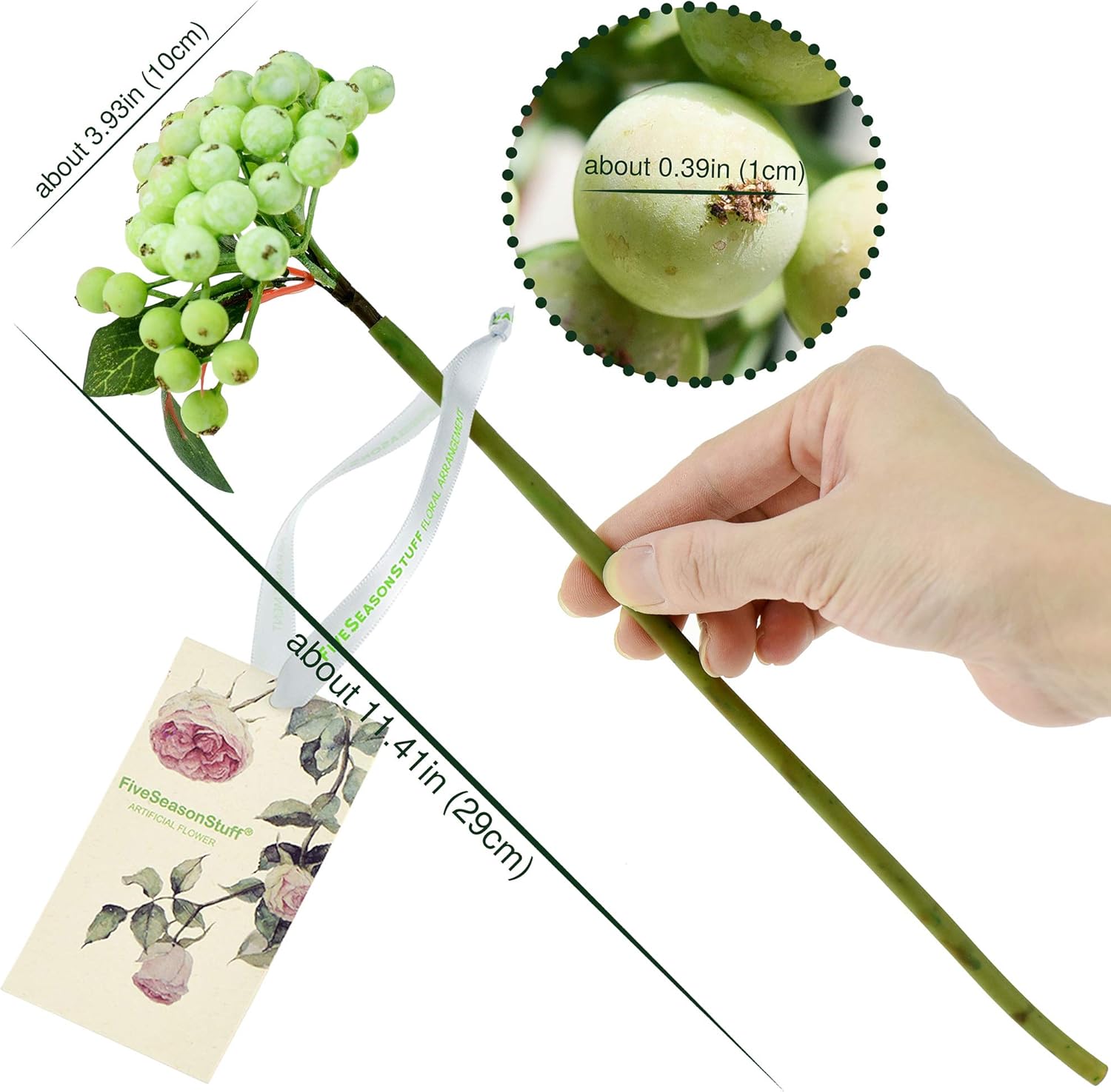 FiveSeasonStuff Artificial Mint Green Holly Berries – 4 Bendable Stems for Vases, Bouquets, and Floral Arrangements