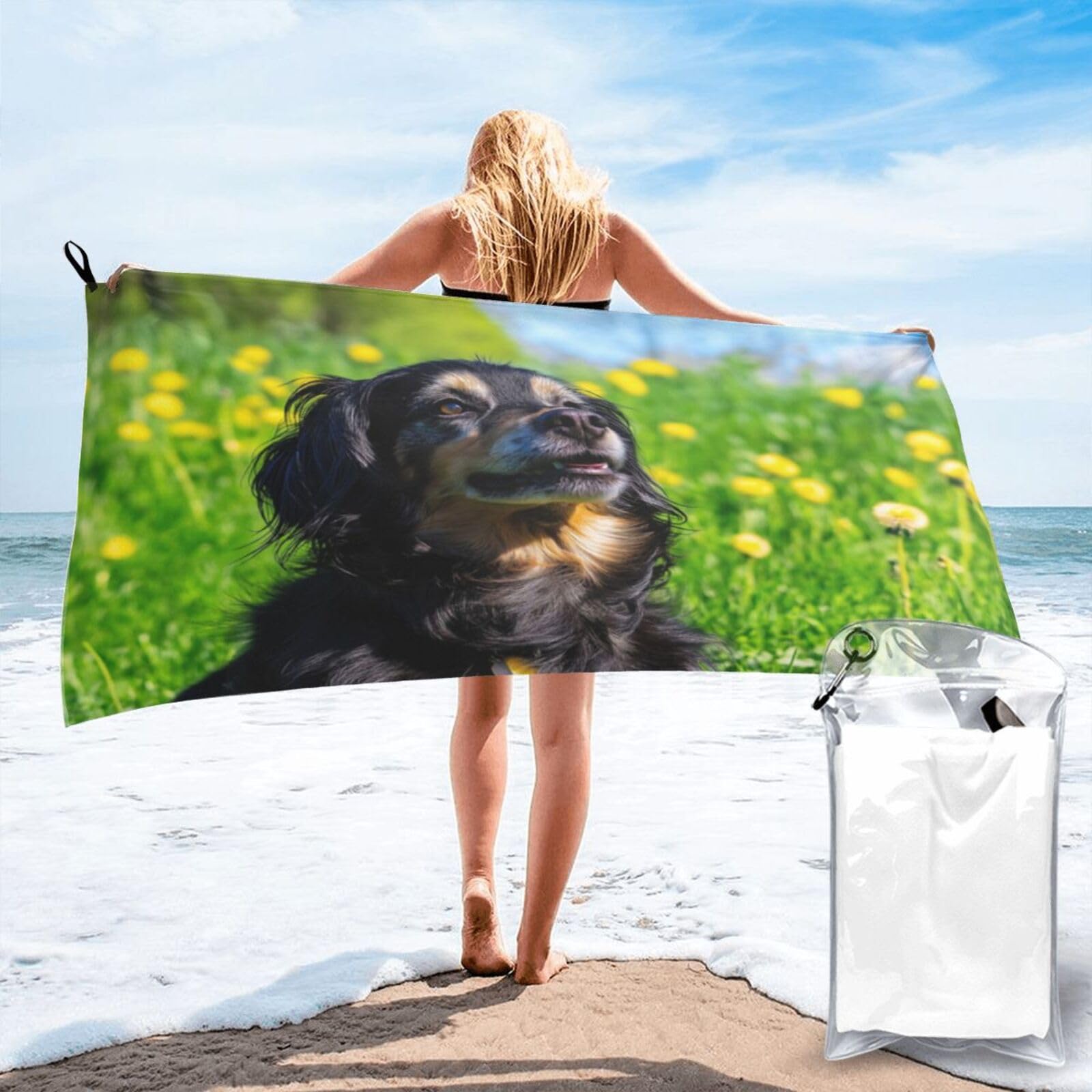 Anceky Photograph of Black Dog in Field Quick Dry Microfiber Travel Towel with Carry Case and Carabiner 27.5"X55"