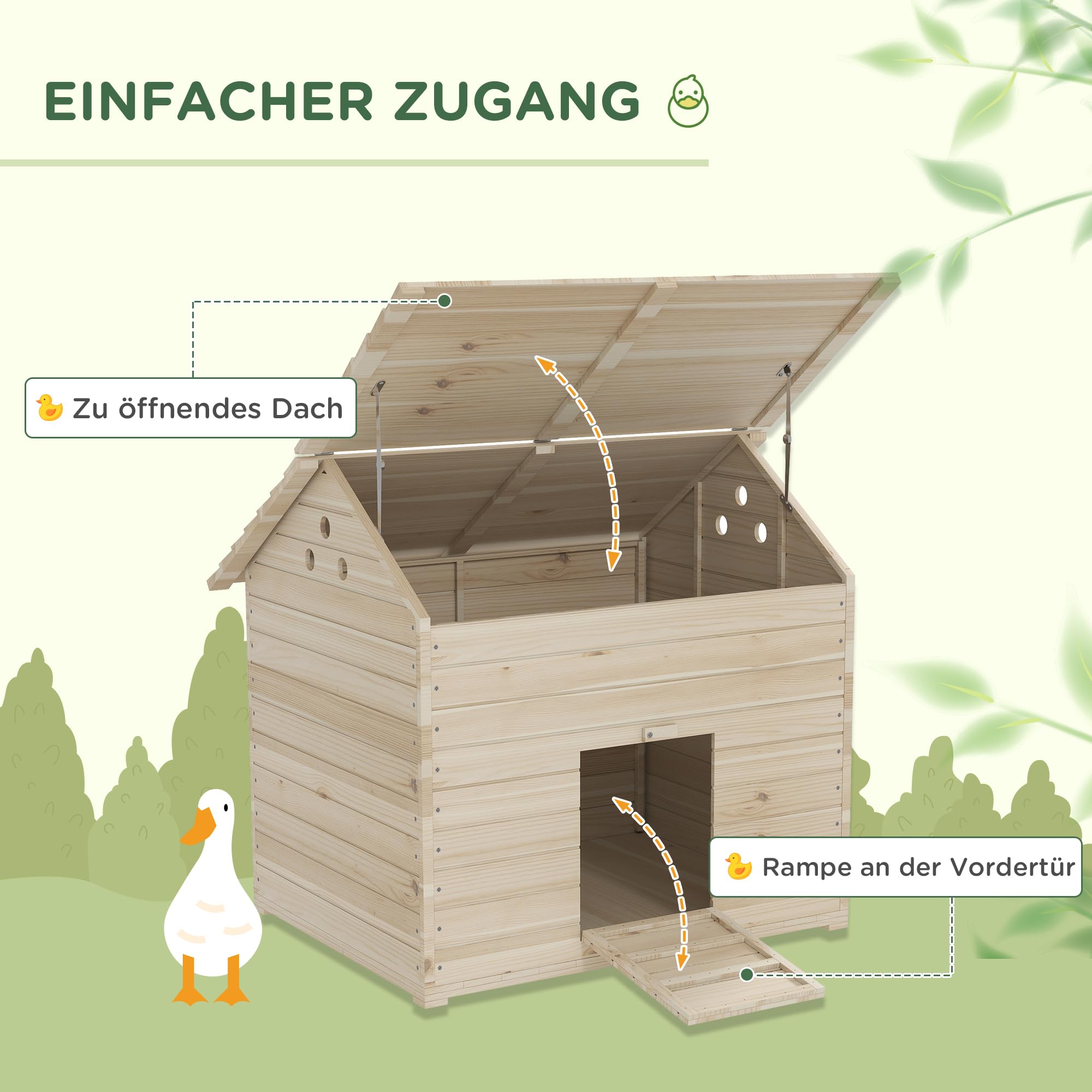PawHut Entenstall Entenhaus aus Holz mit aufklappbarem Kippdach, erhöhten Boden, Rampe an der Vordertür, Geflügelstall mit Belüftungslöchern, Gänsestall Hühnerhaus Naturholz 100 x 82,5 x 91 cm