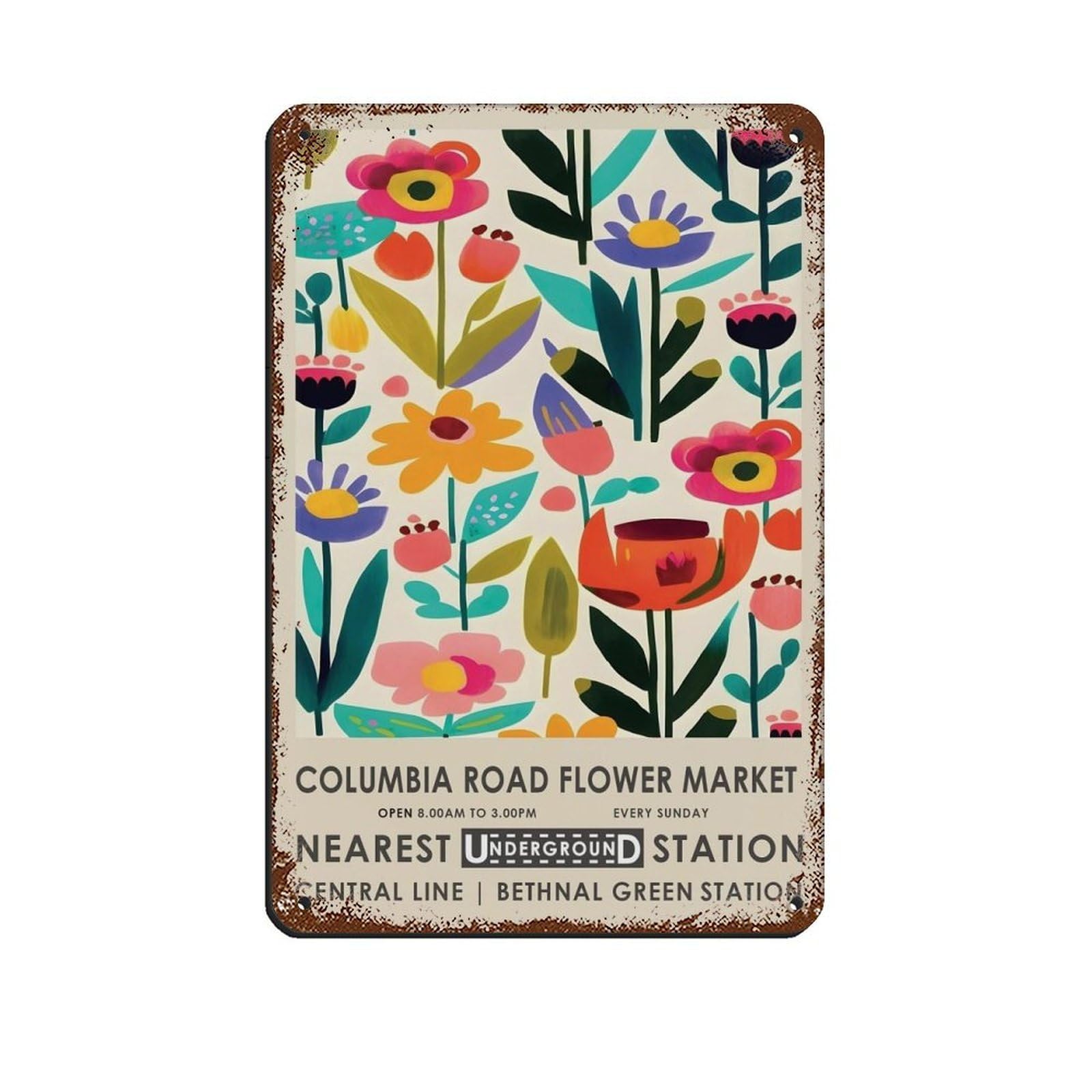 London Flower Market, Columbia Road Market Retro Poster Metal Tin Sign Chic Art Retro Iron Painting Bar People Cave Cafe Family Garage Poster Wall Decoration 8x12inch(20x30cm)
