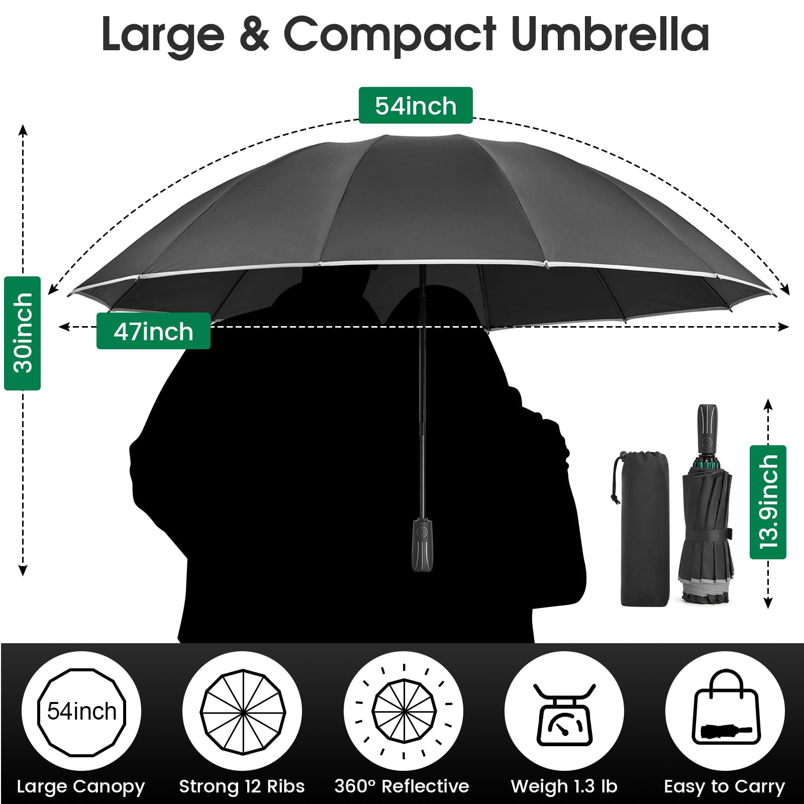 G4Free Grand parapluie coupe-vent inversé pour la pluie et le soleil, 12 baleines, double auvent robuste avec bande réfléchissante, ouverture automatique avec joints nervurés renforcés, parapluie de