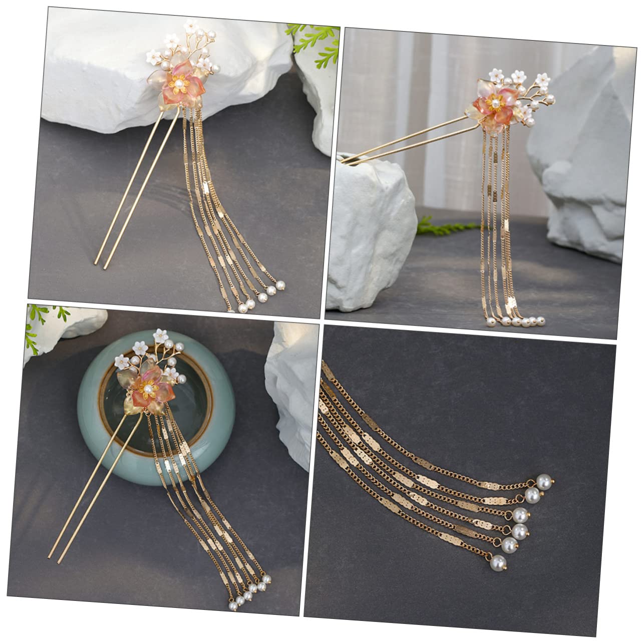 minkissy Hanfu - 5 forcine per capelli cinesi da sposa, con perle e fiori, fermagli per capelli da donna, stile retrò, per sposa, copricapo con nappa, forcina per capelli da ragazza
