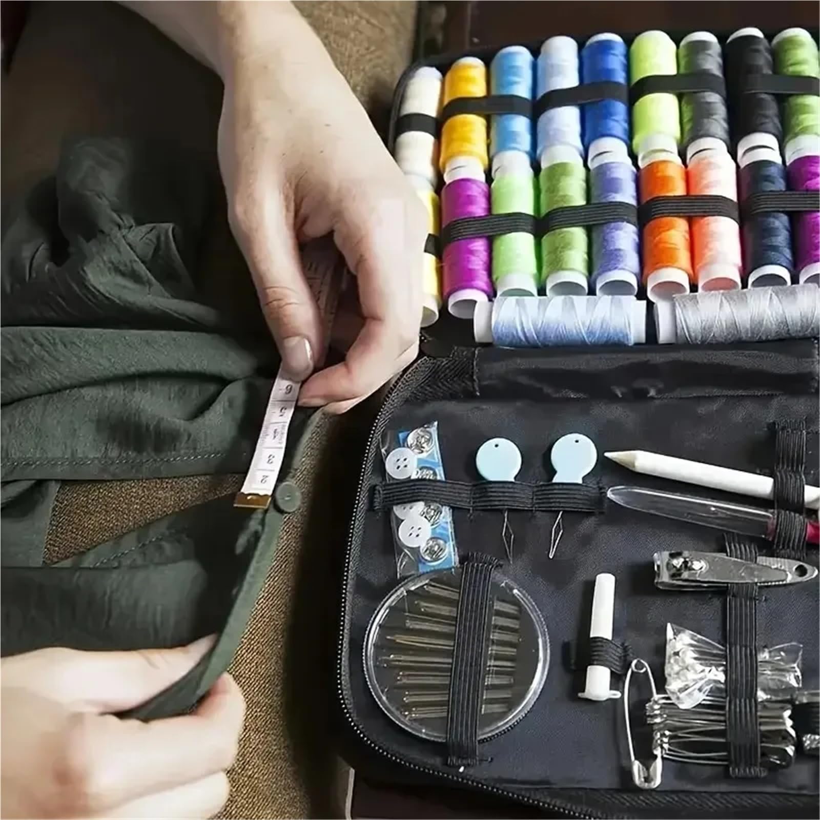 Xinglongs Kit de costura profesional grande, juego de 24 hilos de colores, 30 agujas surtidas, multiherramientas, 31 x 20,6 cm, para reparación del hogar y manualidades