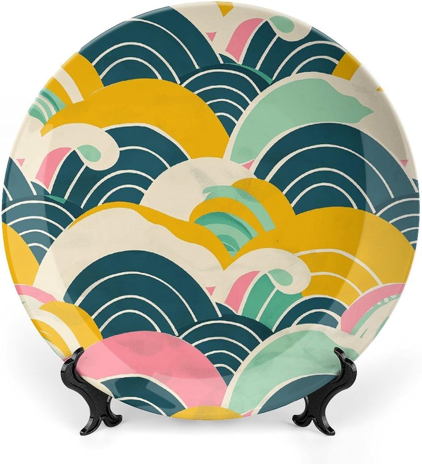 Retro Japanese Pattern Ceramic Plate 10inch Decorative Bone China Wall Hanging Ornament Plates Bohemian Style Dinner Plate with Display Stand Cabinet Display Plates for Home Art Decor