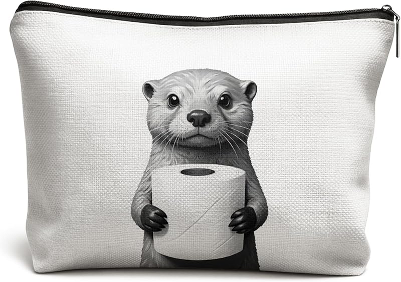 Necessaire de maquiagem DOFQZ com estampa de lontra-do-mar em preto e branco, fechamento com zíper, 1 unidade
