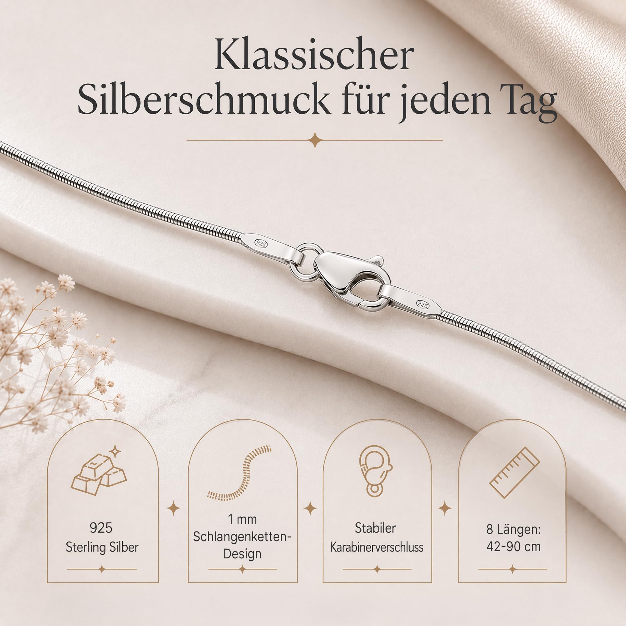 Schlangenkette 925 Silber Kette Damen Halskette 1 mm 101021-0 | feine Silberkette in den Längen 42 45 50 60 70 80 90 cm verfügbar
