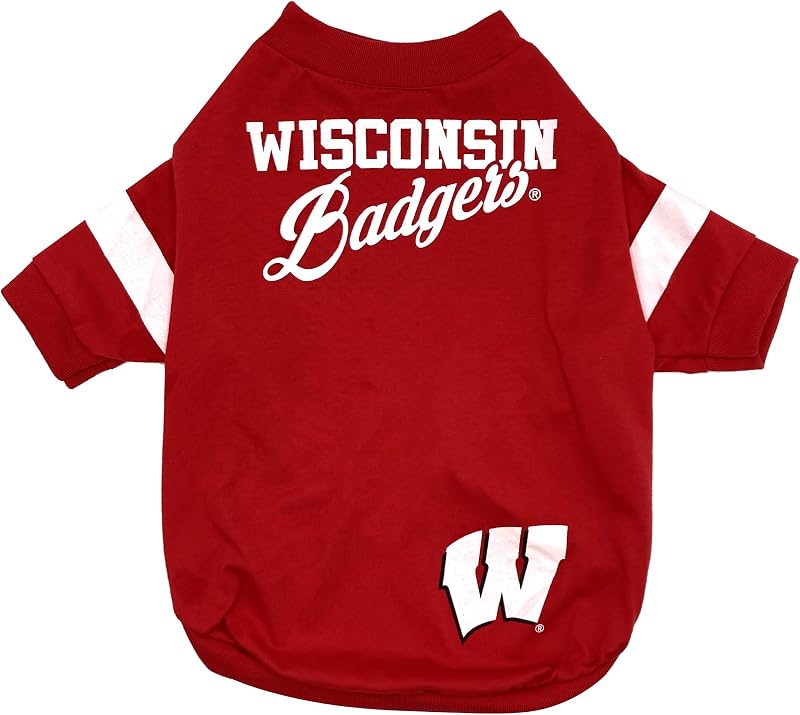 Camiseta para Cães e Gatos Pets First NCAA Wisconsin Badgers com Listras – Tamanho Médio