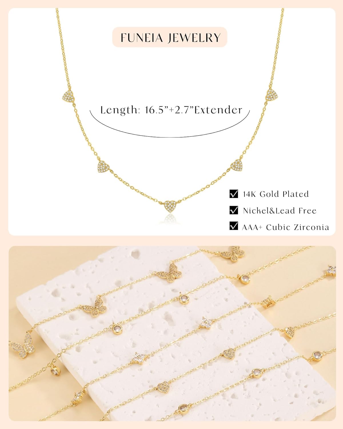 FUNEIA Dainty Silver Gold Necklaces for Women Trendy Non Tarnish 14K Gold Plated Cubic Zirconia Necklace Layered Cute Butterfly Heart Station Choker Necklace Stack for Wedding Prom Brides Jewelry - Image 5