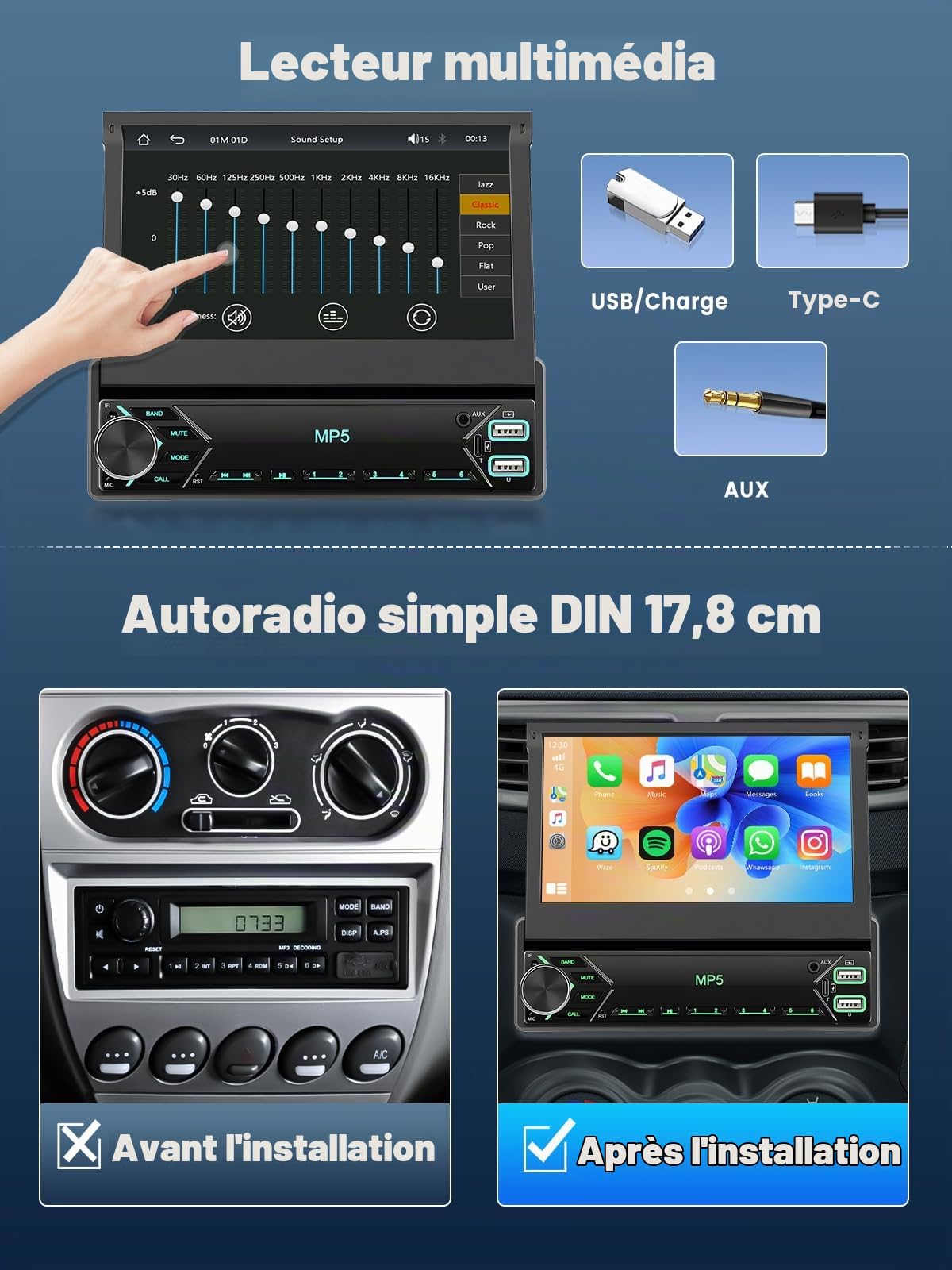Dab+ Autoradio 1 DIN 7" Wireless CarPlay Android Auto BT