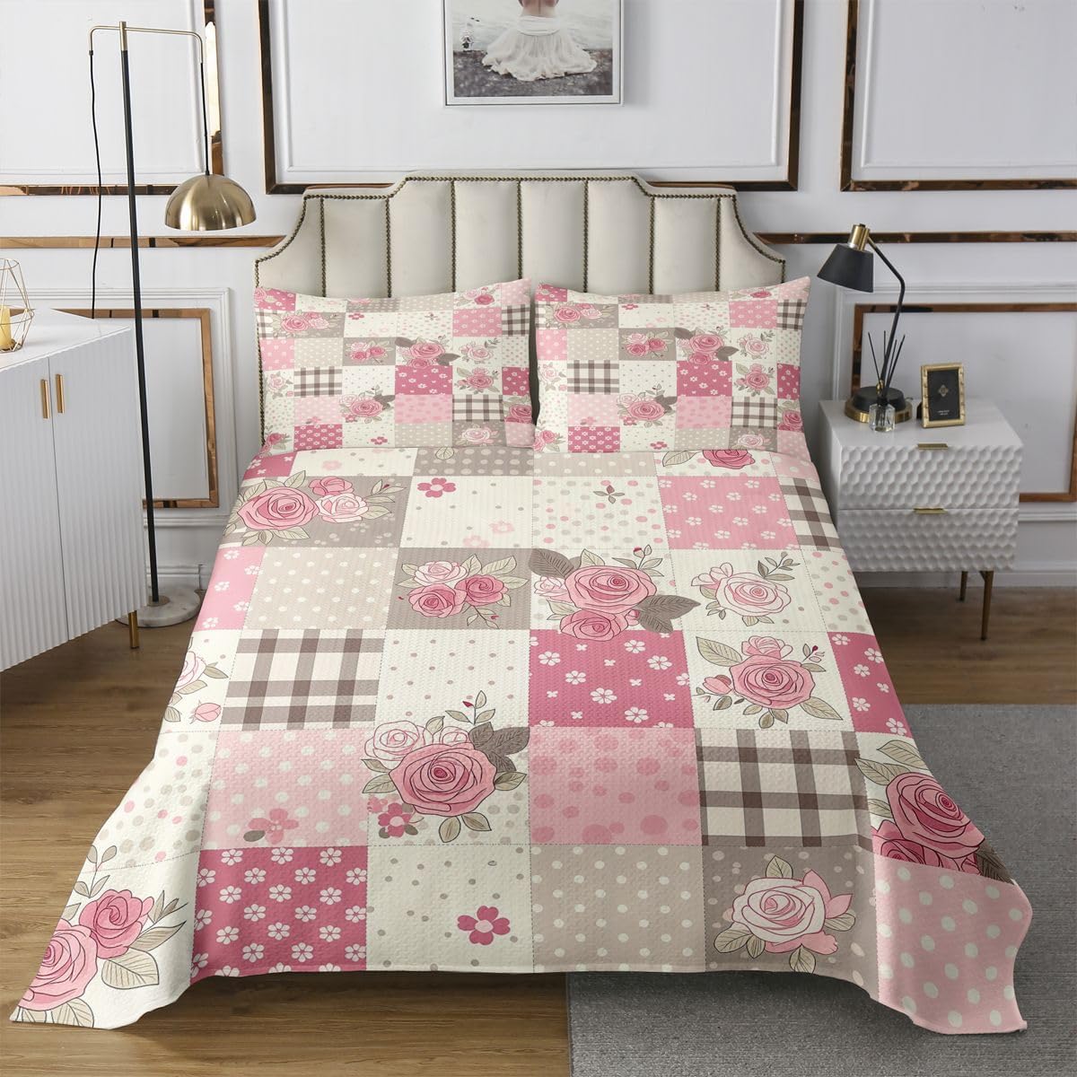 jejeloiu Pink Botanical Floral Printed Bedspread Quilts Polka Dot Coverlet Set Twin Size for Kids Boys Girls Grid Plaid Checkered Quilted Coverlet for All Season With 1 Pillowcase Patchwork Microfiber