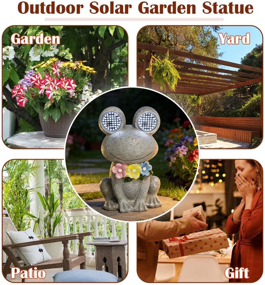Outdoor Solar Garden Statue, Dynamic LED Light with Flower Sculpture, Art Decor for Patio Porch Lawn Backyard, Housewarming Gifts for Women (Stone Frog)
