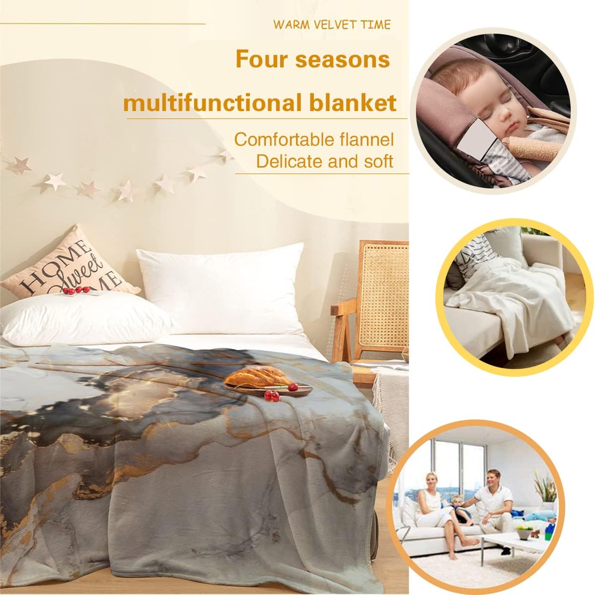 Grey Marble Flannel Fleece Blanket, Abstract Gold Foil Cracked Lines Ultra-Soft Microfiber Throw Blanket for Sofa, Couch & Bed Bedroom Decor 60x80in