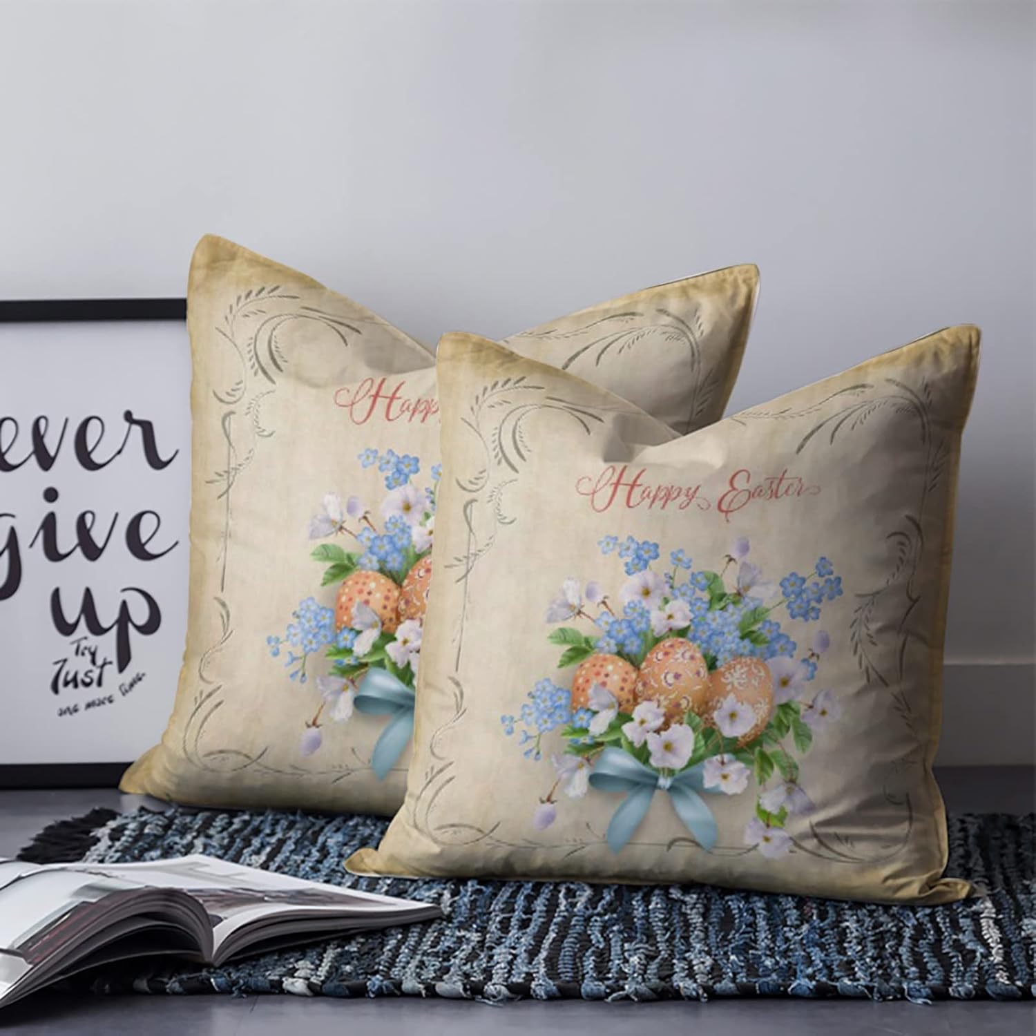 Vintage Spring Flowers and Easter Eggs Pillow Cases Holiday Home Decor Cushion Cover Sofa Decor Pillowcase