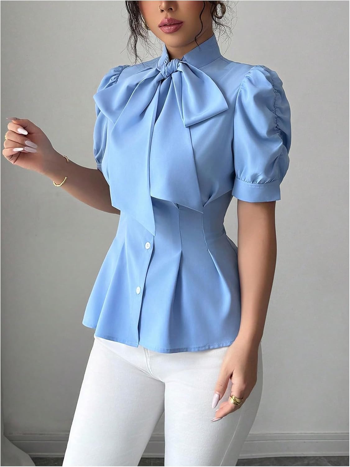 Floerns Women's Elegant Bow Tie Neck Shirts Puff Sleeve Business Casual Blouses Tops - Image 5