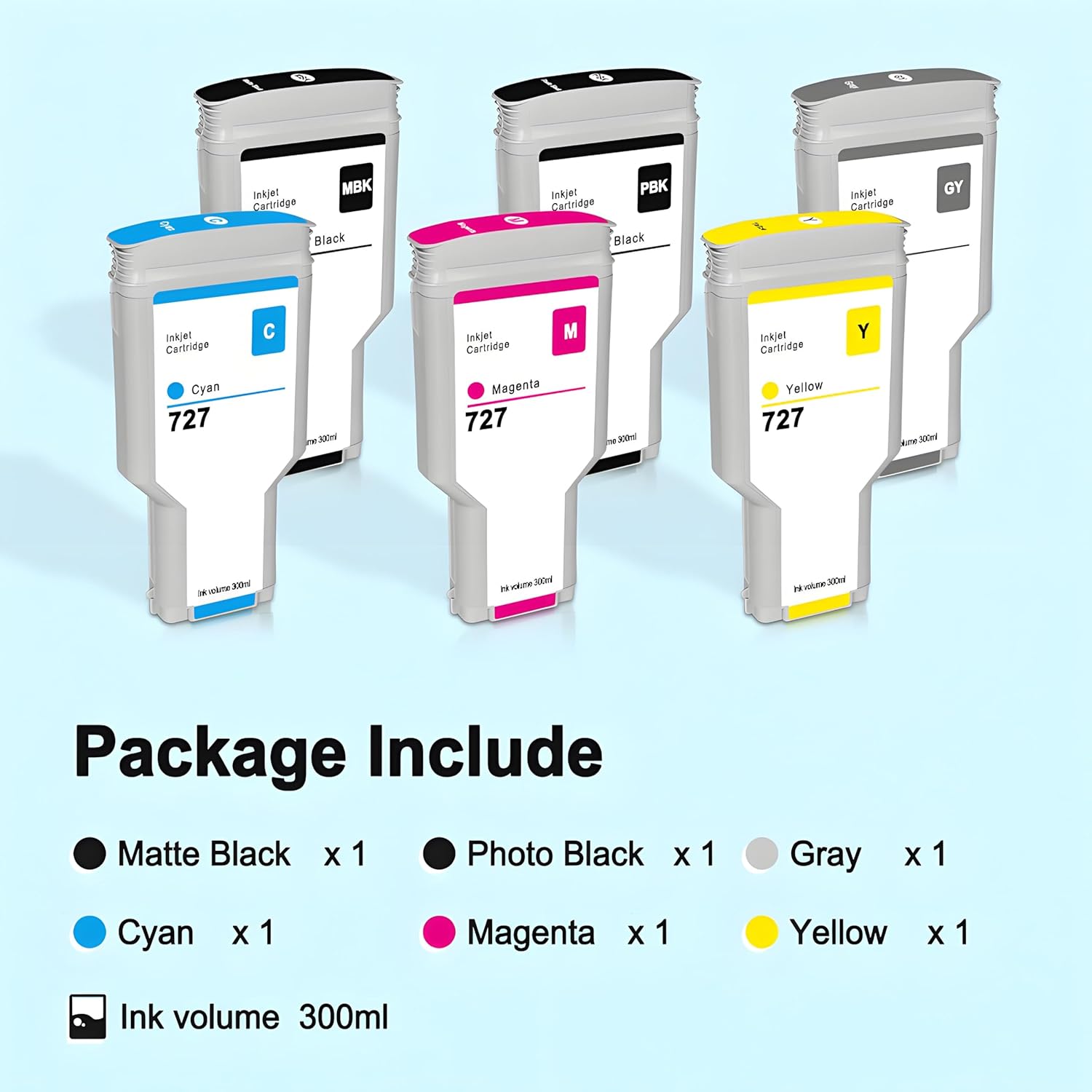 727 Ink Cartridge 300ml HP 727 Ink C1Q12A F9J76A F9J77A F9J78A F9J79A F9J80A Compatible for DesignJet T920 T930 T1500 T1530 T2500 T2530 Printers (6-Pack, PBK, MBK, GY, CY, MG, YL)