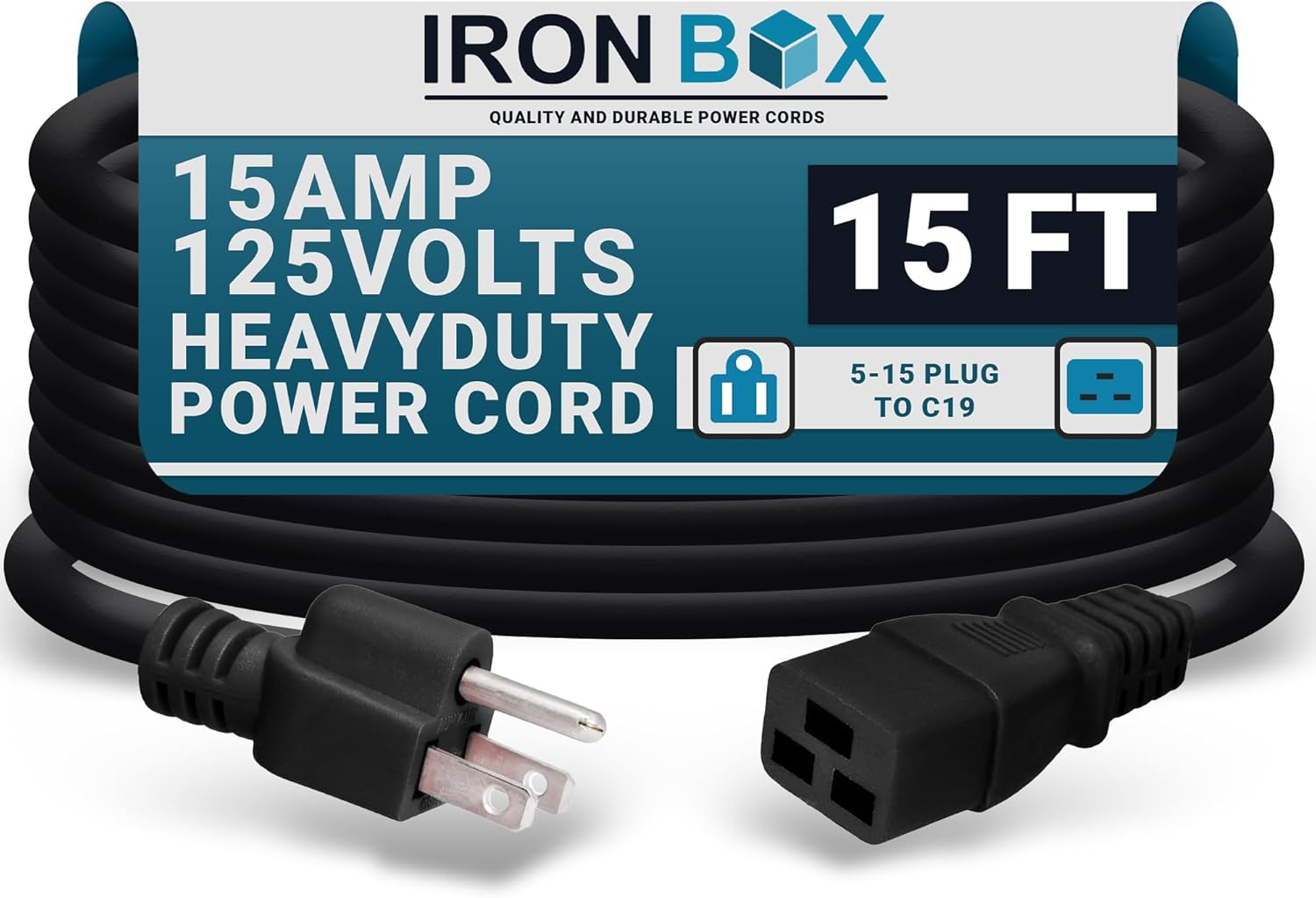 IronBox Electric - Heavy Duty 5-15P to C19 Power Cord - 15A, 125V, 14/3 SJT Jacket - Computer Power Supply Extension Cords - PSU Wire Connectors - Versatile for Home and Office Use(Black, 15 Foot)