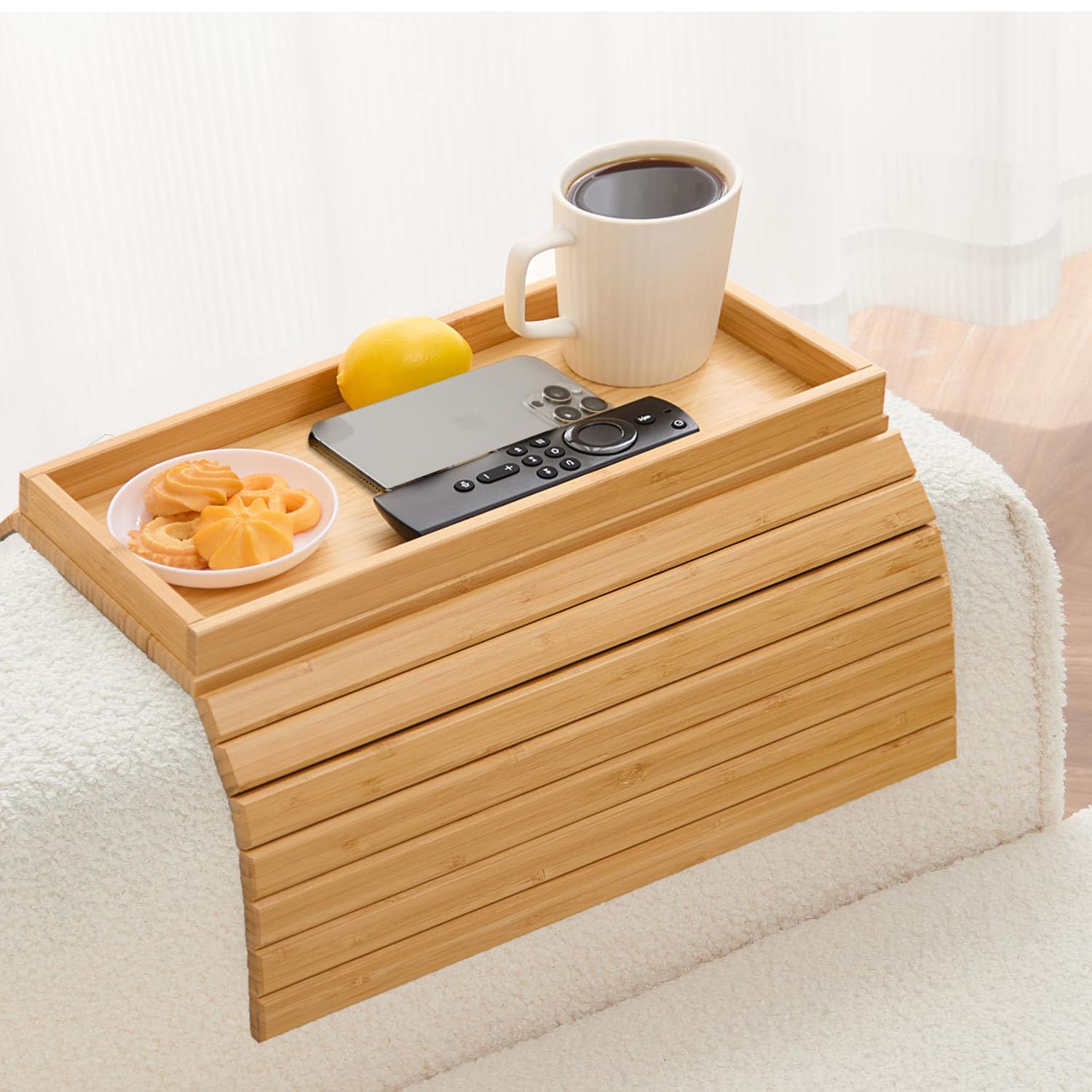 Bandeja para sofá, bandeja plegable de bambú, antideslizante, reposabrazos, mesa para aperitivos, tazas de teléfono móvil