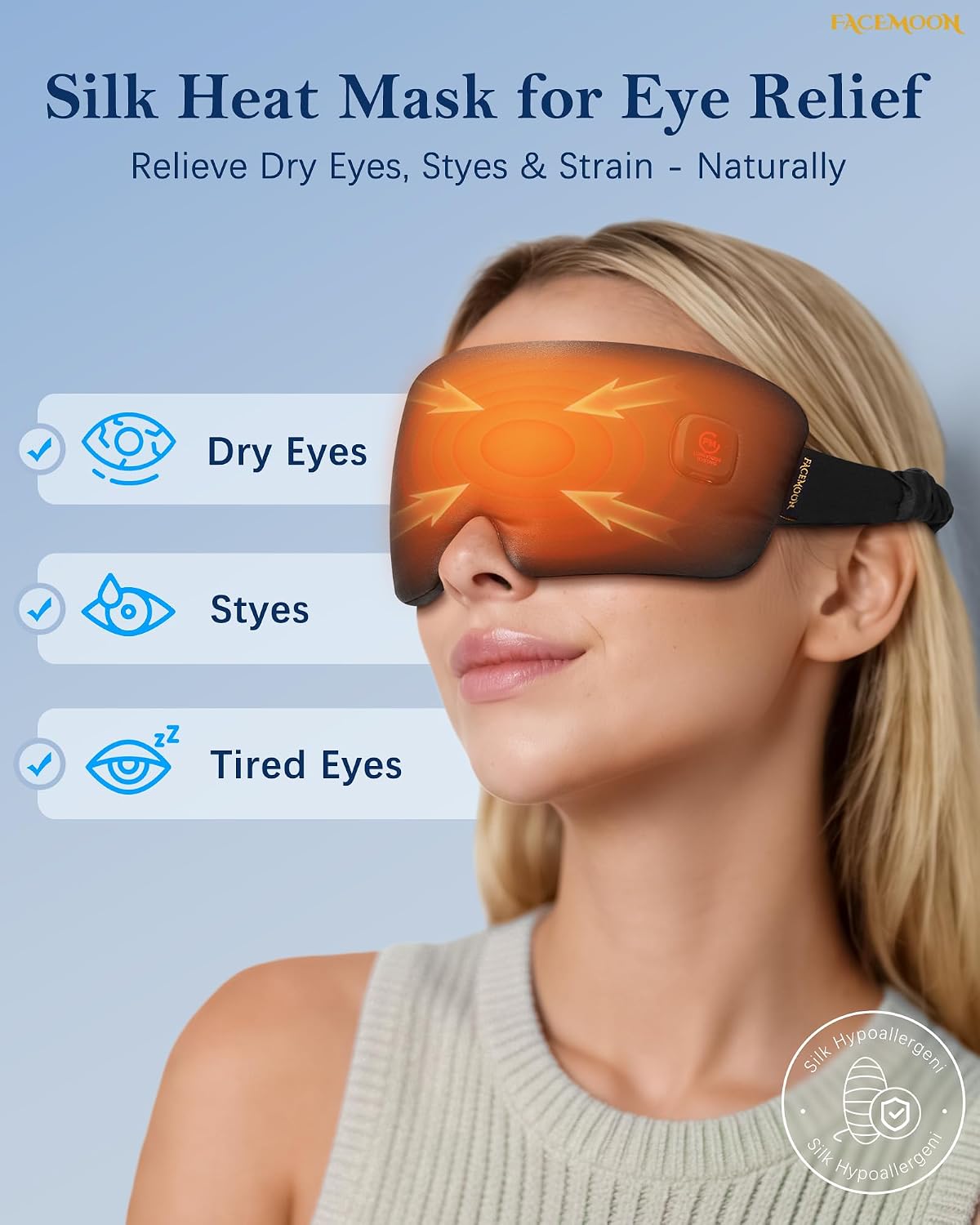 FACEMOON Heating Eye Mask for Dry Eyes Cordless: Silk Heated Sleep Masks for Stye Treatment Eye Strain Blepharitis Relief - Rechargeable Moist Heat Warm Compress - Washable Electric Masks Black