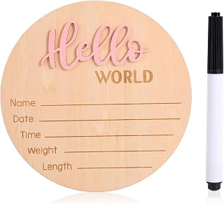 Newborn Announcement Sign with Pen, 5.9in Wooden Hello World Baby Welcome Sign for Newborn Boys and Girls Photo Props Baby Shower Hospital Nursery (Light Pink)