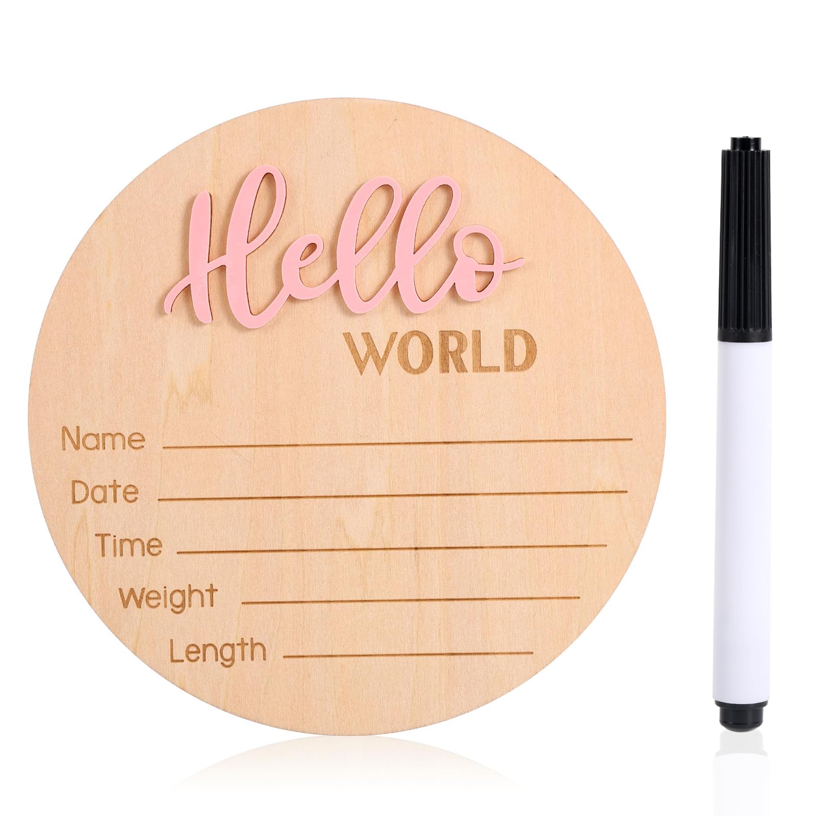 Cartello di Annuncio del Neonato in Legno 15 cm con Scritta Hello World Rosa Chiaro per Baby Shower